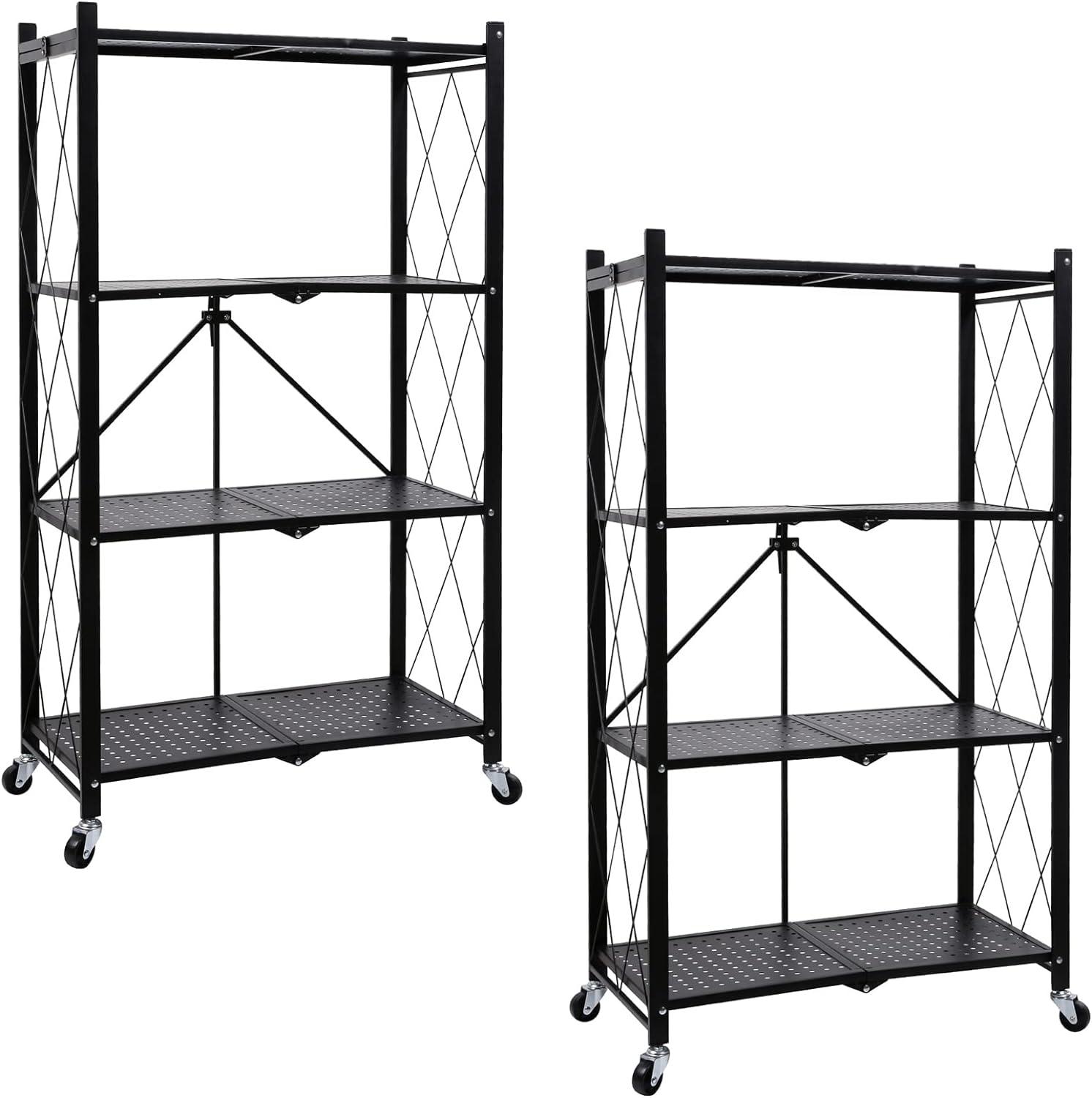 HeSLehs 4-Tier Heavy Duty Foldable Metal Rack Storage Shelving Unit with Wheels Moving Easily Organizer Shelves Great for Garage Kitchen, Black