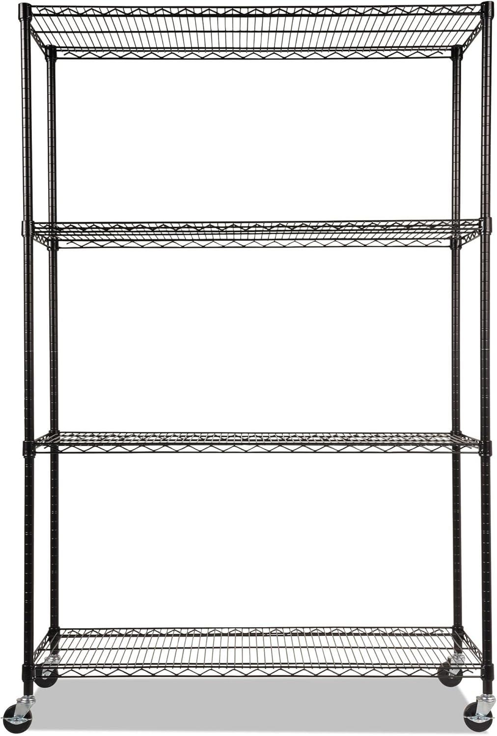 Alera Complete Wire Shelving Unit with Casters, Four-Shelf, 48" x 18" x 72", Black