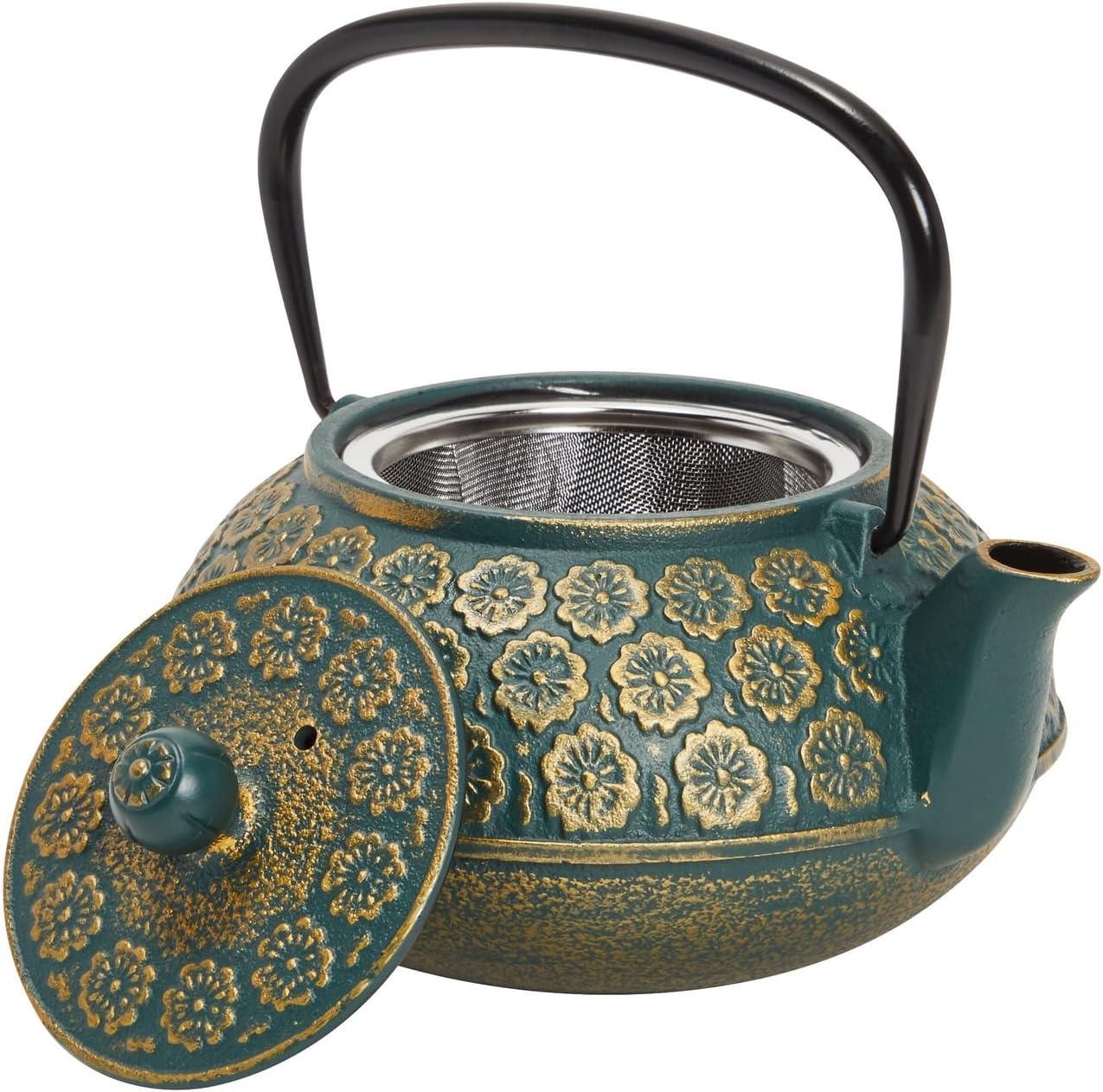 Juvale Green Cast Iron Floral Teapot Kettle with Stainless Steel Infuser Set, Japanese Tea Pot for Kitchen Pantry, 34 oz