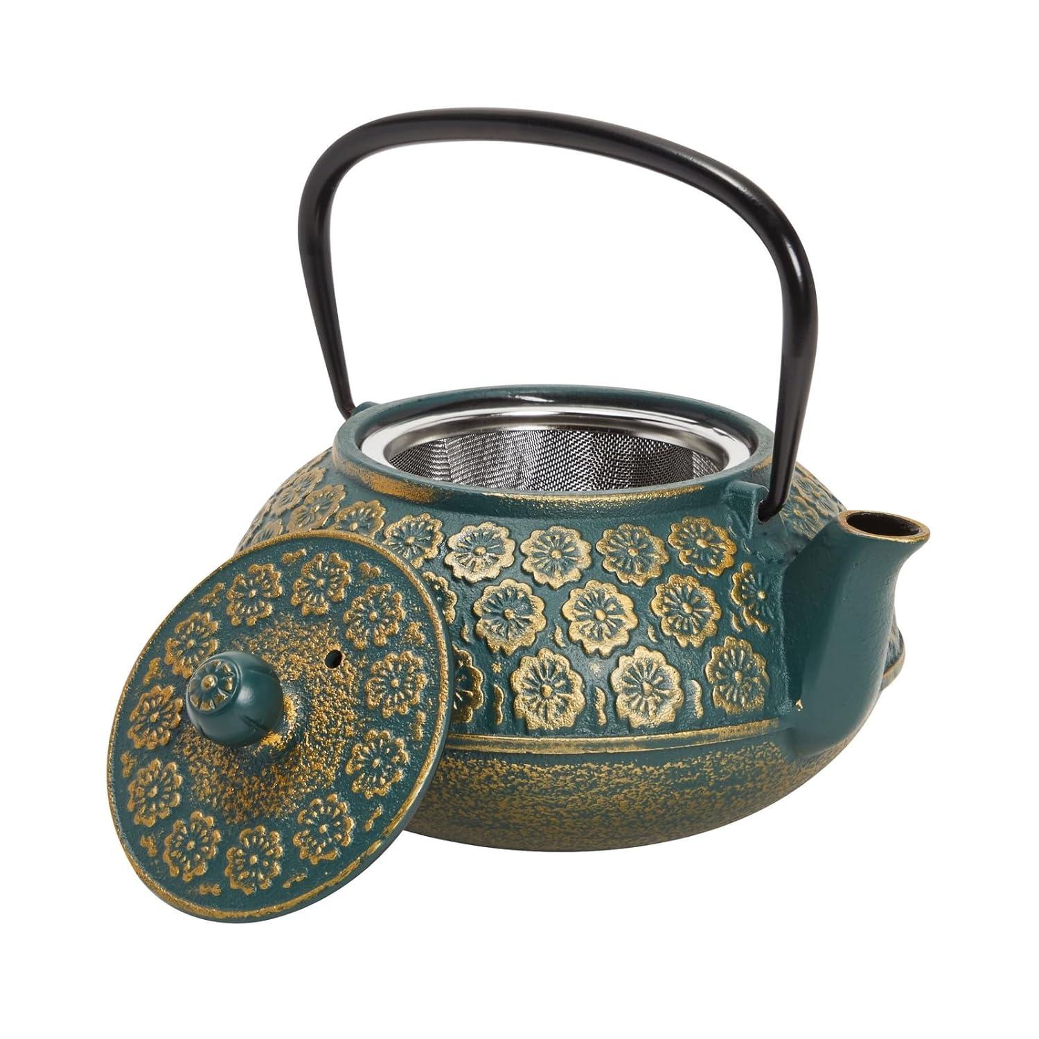 Juvale Green Cast Iron Floral Teapot Kettle with Stainless Steel Infuser Set, Japanese Tea Pot for Kitchen Pantry, 34 oz