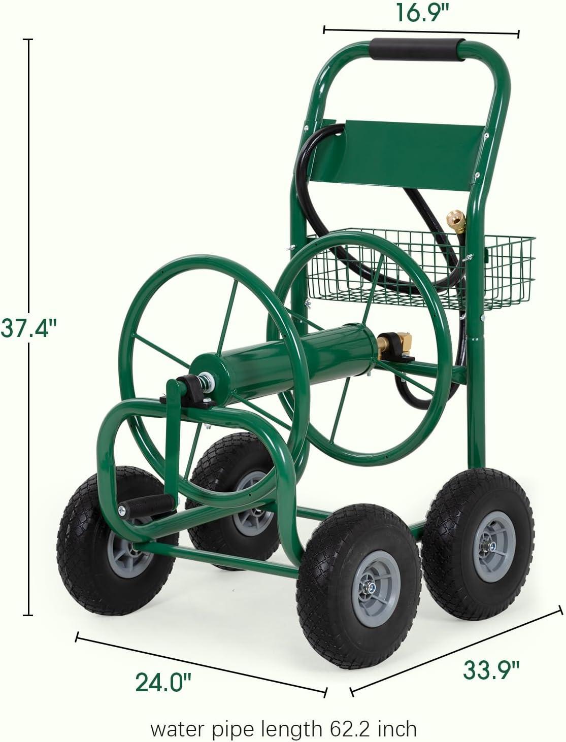 Heavy Duty Green Alloy Steel Garden Hose Reel Cart with Pneumatic Tires