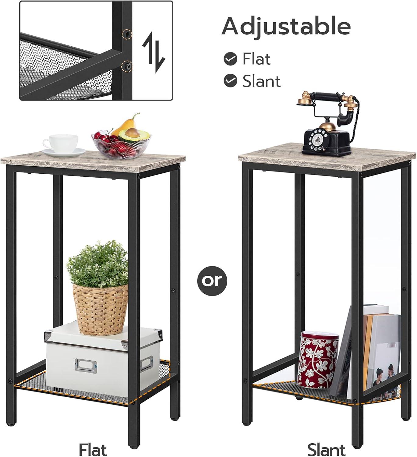 Greige and Black Tall Metal Side Table with Adjustable Mesh Shelf