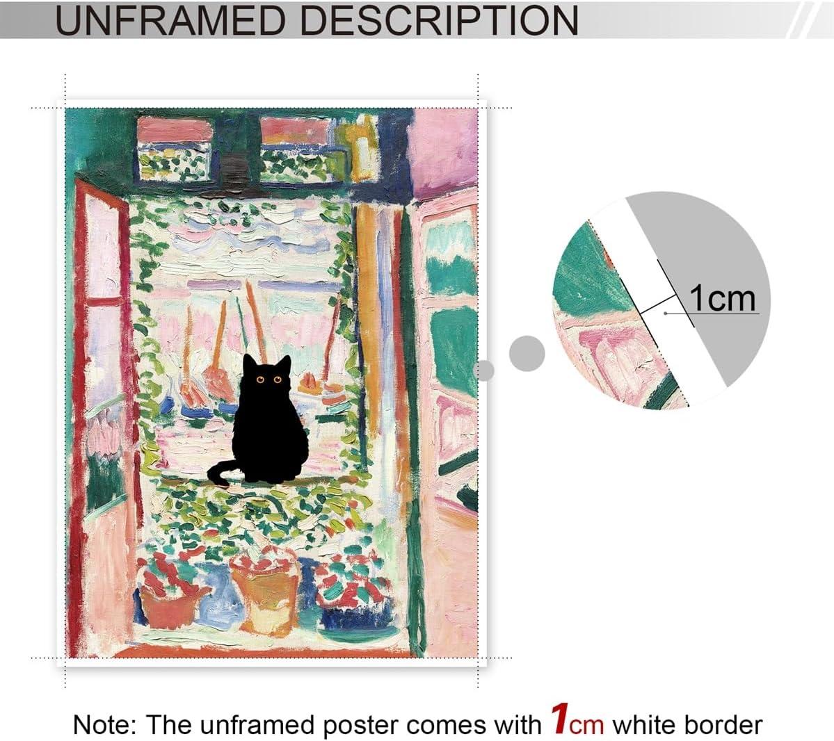 Henri Matisse Oil Paintings on Canvas Wall Art Matisse Famous Open Window Black Cat Poster Funny Cat Floral Print Colorful Farmhouse Gallery Aesthetic Room Decor for Bedroom Bathroom 12x16in Unframed