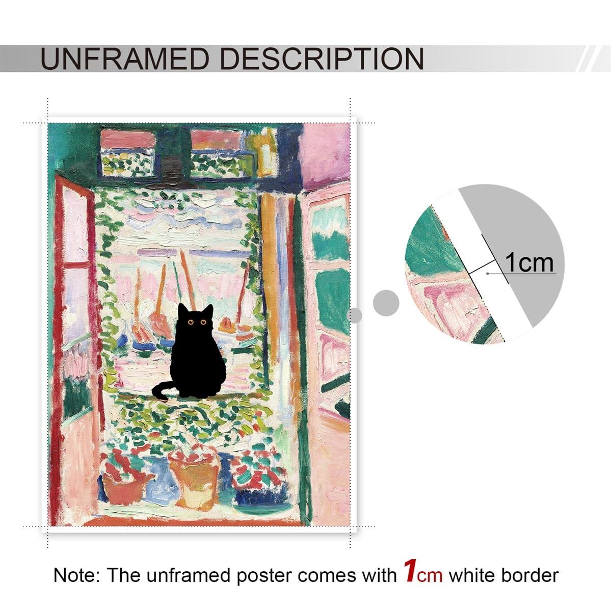 Henri Matisse Oil Paintings on Canvas Wall Art Matisse Famous Open Window Black Cat Poster Funny Cat Floral Print Colorful Farmhouse Gallery Aesthetic Room Decor for Bedroom Bathroom 12x16in Unframed