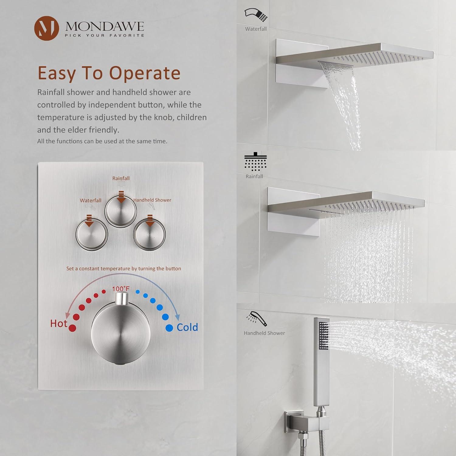 3-Function Rainfall Thermostatic Complete Shower System with Rough-in Valve