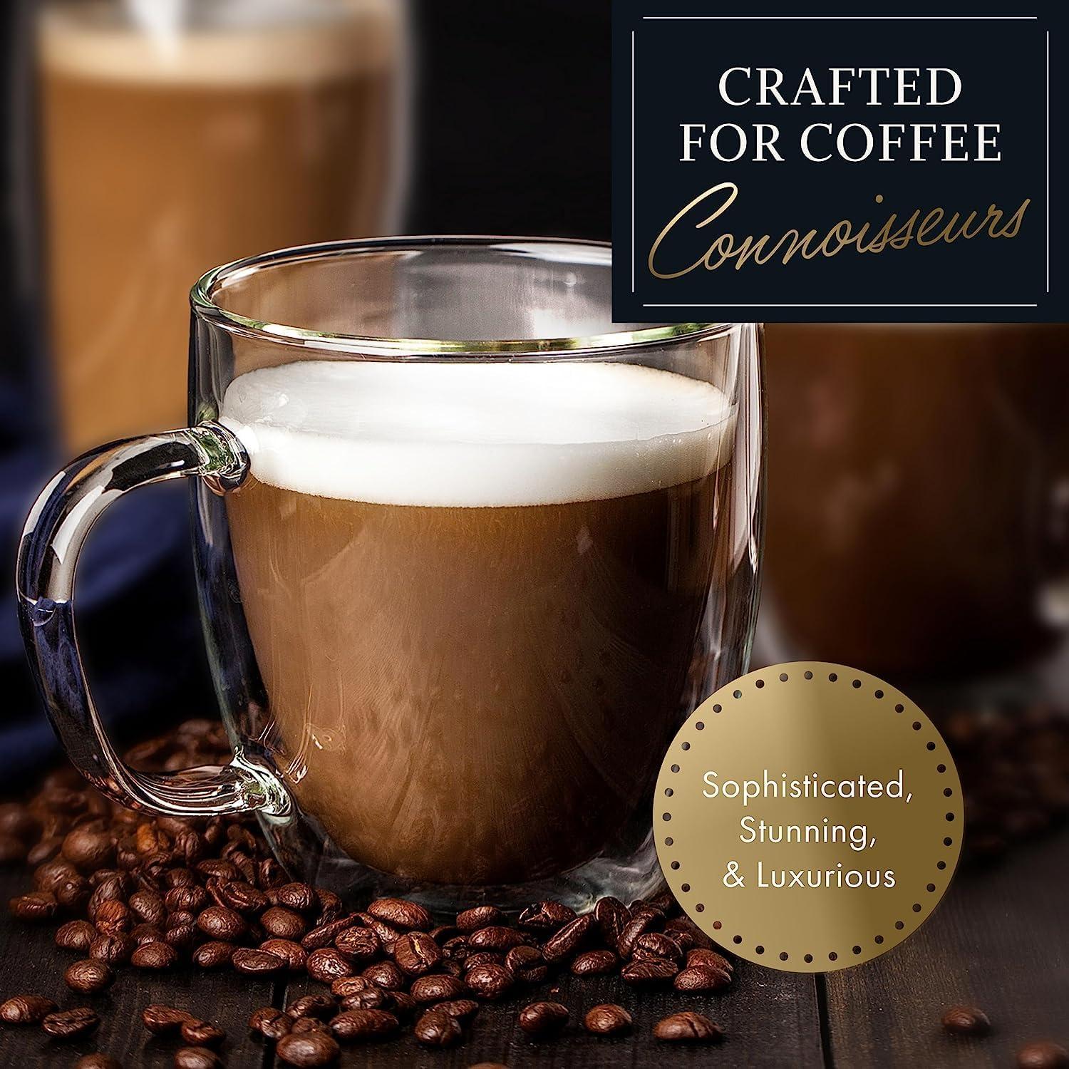 ELIXIR GLASSWARE Large Double Wall Coffee Mugs 16 oz - Double Wall Glass Set of 2 - Insulated Coffee Mugs with Handle (16 oz) 16 Ounce (Pack of 2)