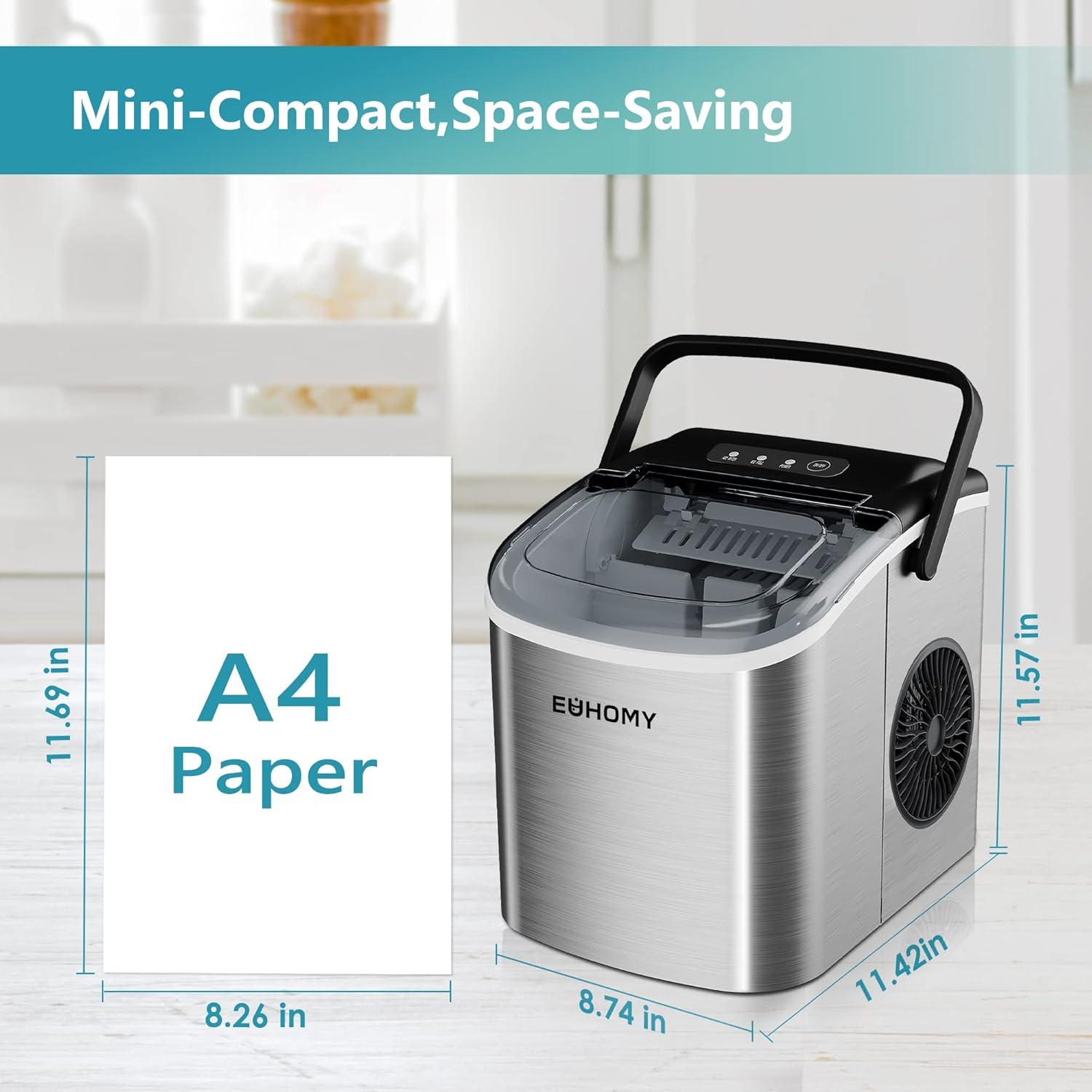 Ice Maker Countertop with Handle, 26lbs in 24Hrs, 9 Ice Cubes Ready in 6 Mins, Auto-Cleaning Portable Ice Maker with Basket and Scoop, for Home/Kitchen/Camping/RV. (2024 New Silver) Utensils