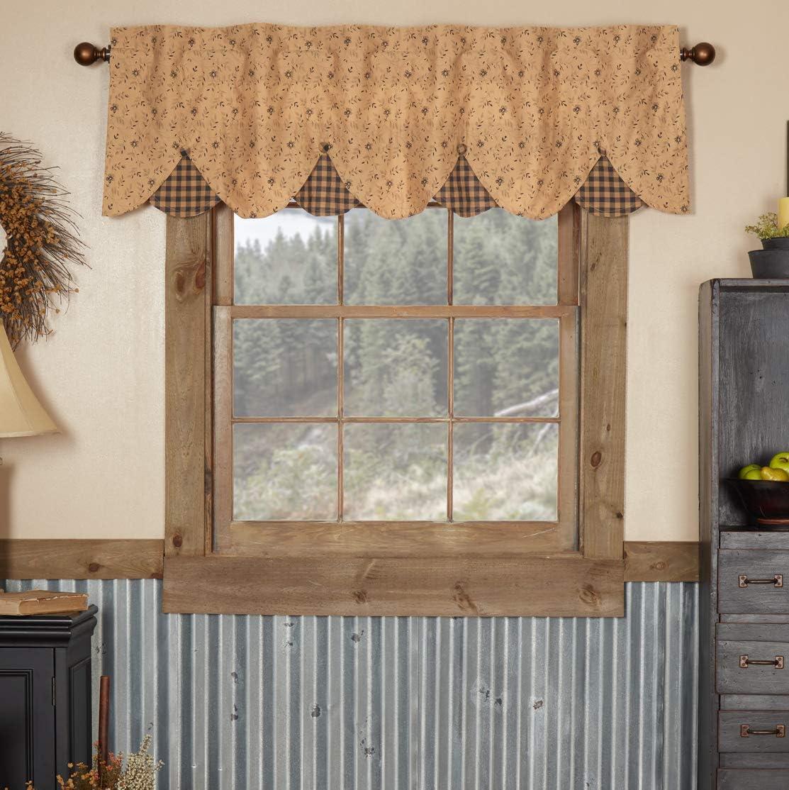 VHC Brands Maisie Primitive 18"x60" Valance Tan Rod Pocket Buttons Cotton Floral/Flower Hanging Loops Kitchen Window Curtains