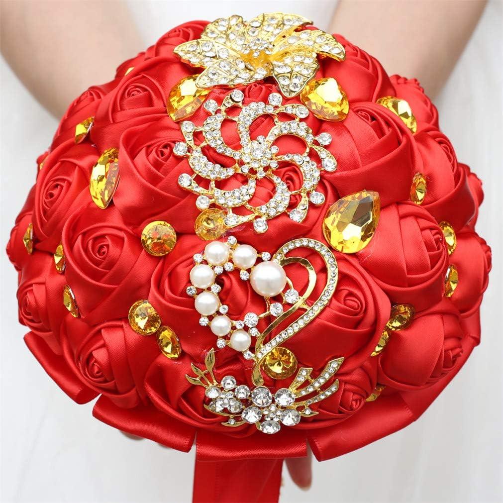 Customization Satin Rose Wedding Bouquet Gold Brooch Crystal Rhinestone Bride Bouquet Wedding Flowers, Burgundy