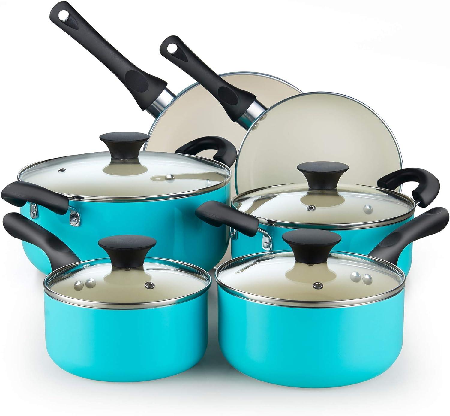 Turquoise 10-Piece Nonstick Aluminum Ceramic Cookware Set