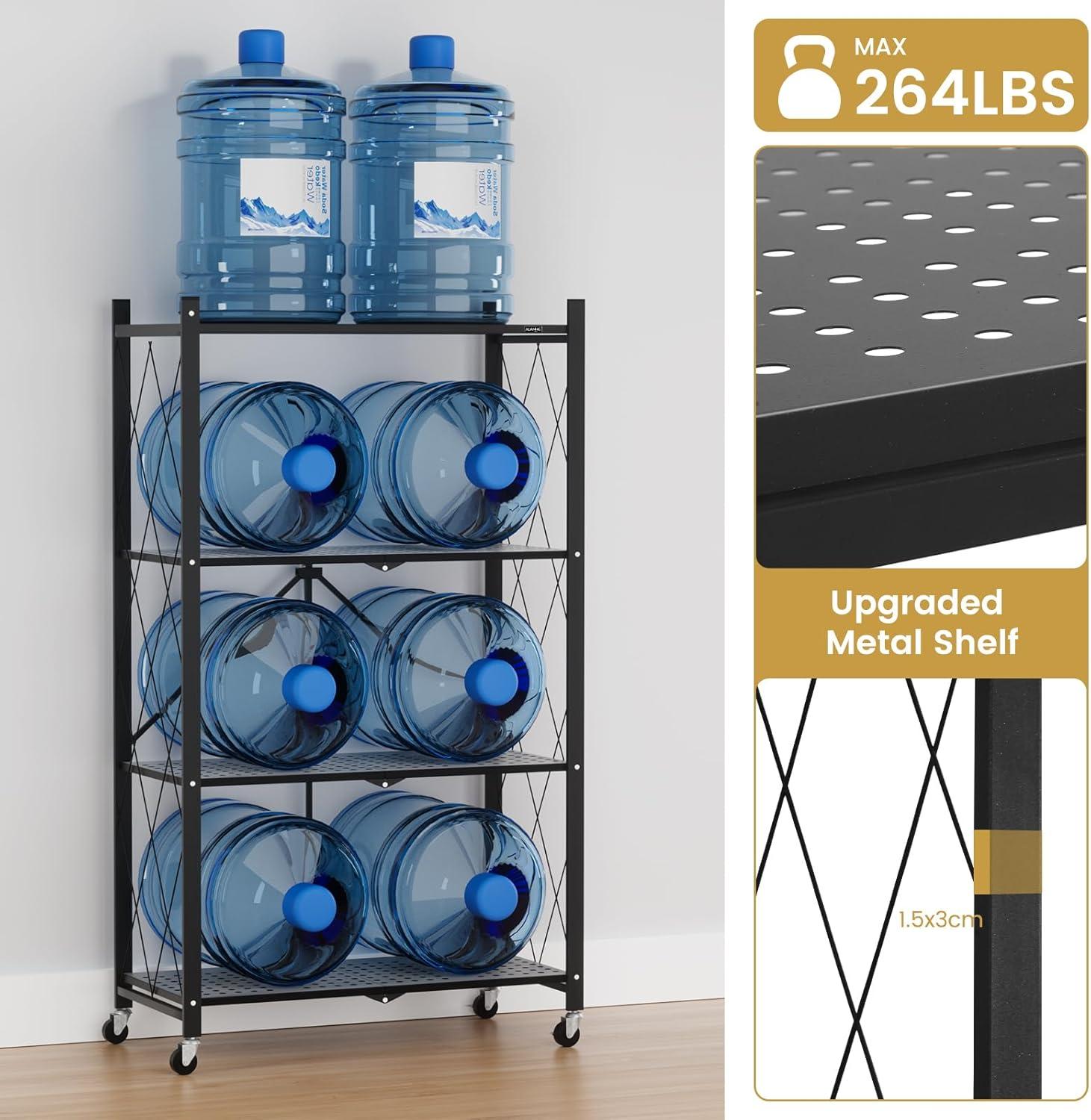 3-Tier Storage Shelves with Wheels, Folding Bookshelf No Assembly, Metal Display Shelf for Balcony, Kitchen, Basement, Pantry, White