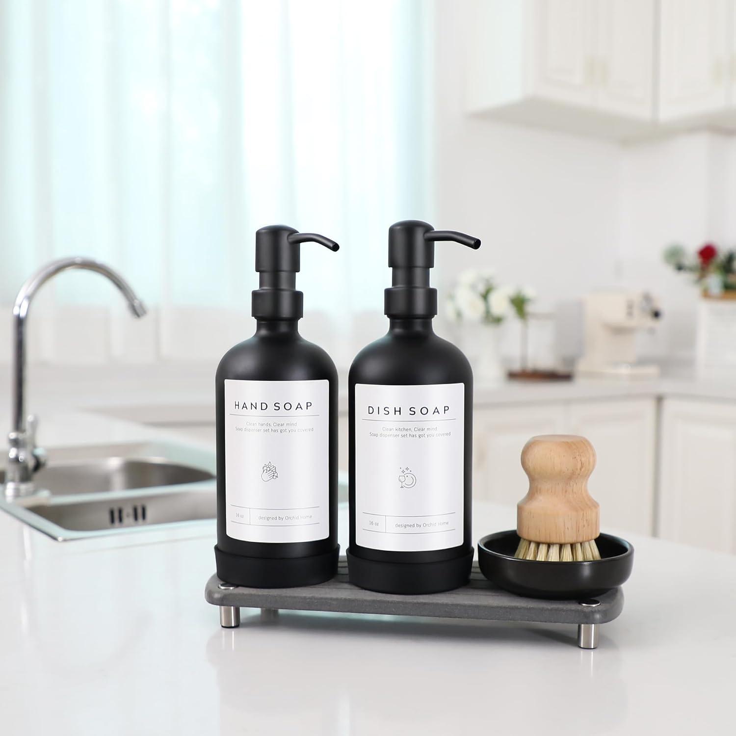 Black Glass Soap Dispenser Set with Stainless Steel Pump and Tray