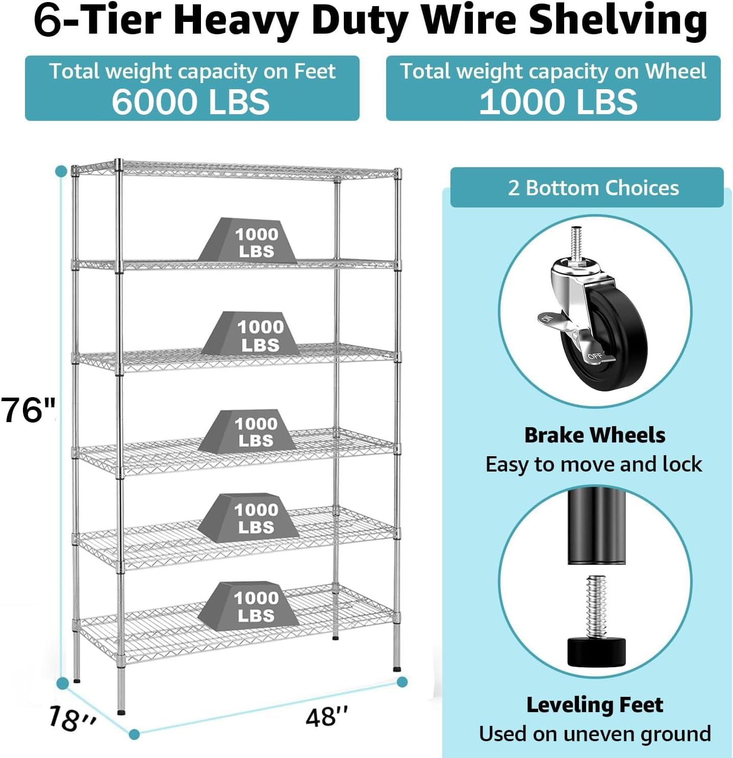 Chrome Heavy Duty Adjustable 6-Tier Metal Storage Rack with Wheels