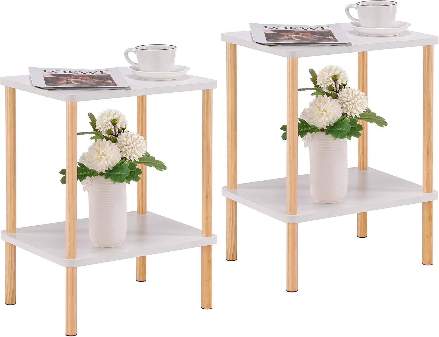 Apicizon 2 Tier End Table Set of 2, Small Side Table with Solid Wood Legs, Boho Bedside Table with Storage Shelf, Nightstand for Small Spaces, Bedroom, Living Room, Entryway, White+Natural