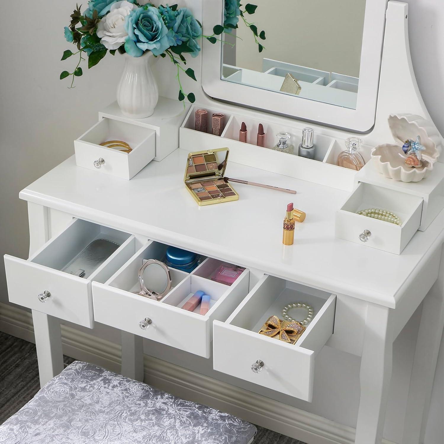 BEWISHOME Vanity Set with Mirror & Cushioned Stool Dressing Table Vanity Makeup Table 5 Drawers 2 Dividers Movable Organizers White FST01W