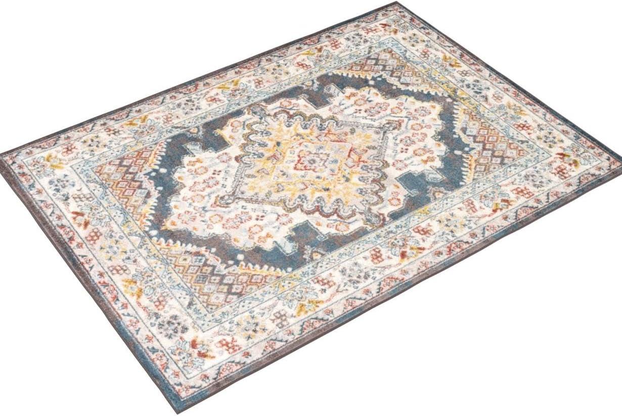 Teal and Beige Rectangular Synthetic Medallion Area Rug