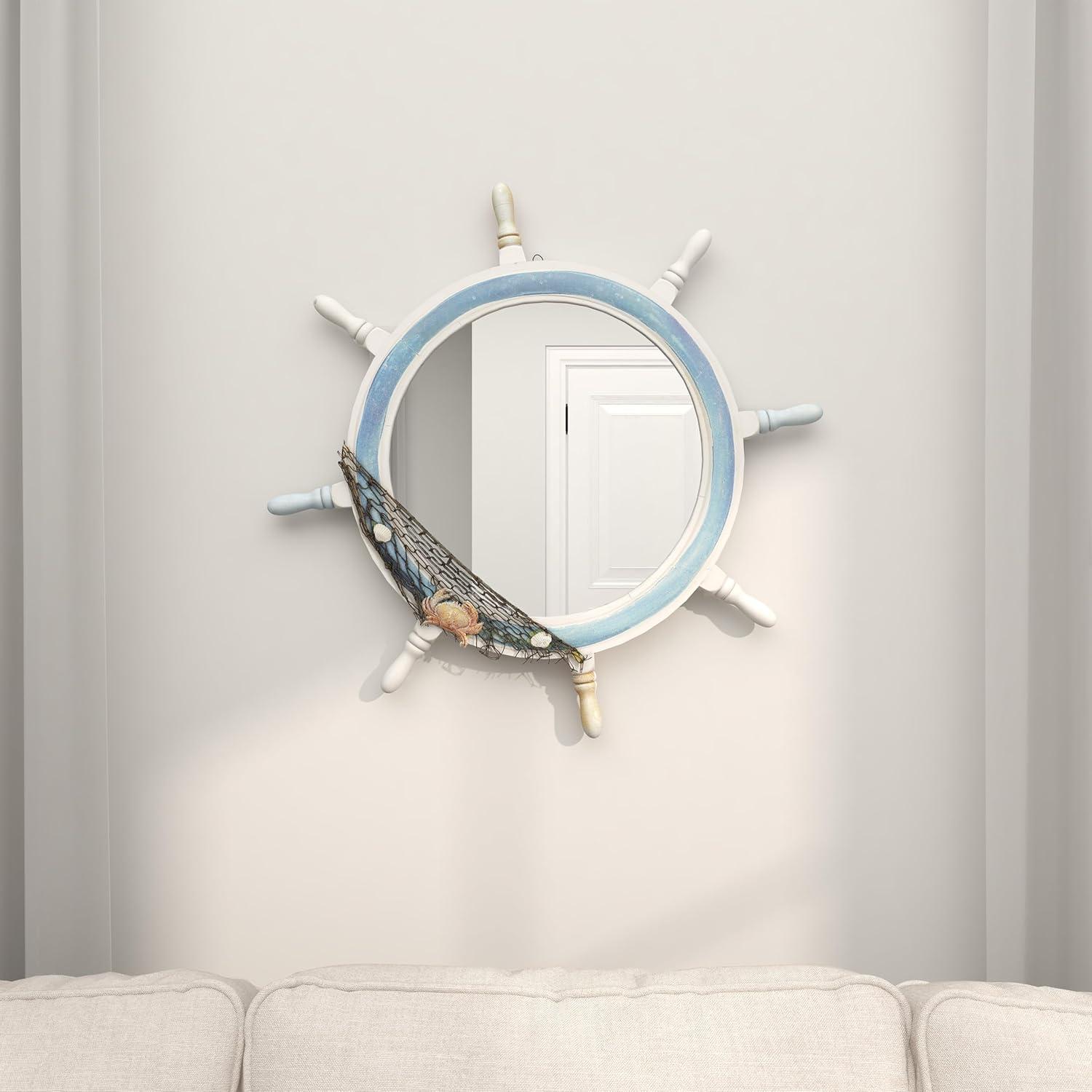 DecMode 25" x 25" White Ship Wheel Sail Boat Wall Mirror with Netting Accent