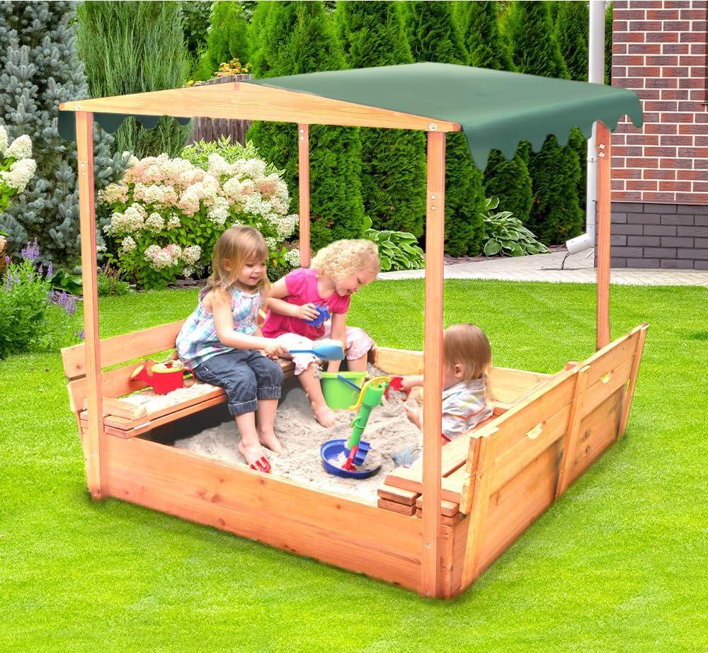 Covered Convertible Cedar Sandbox with Canopy and Two Bench Seats