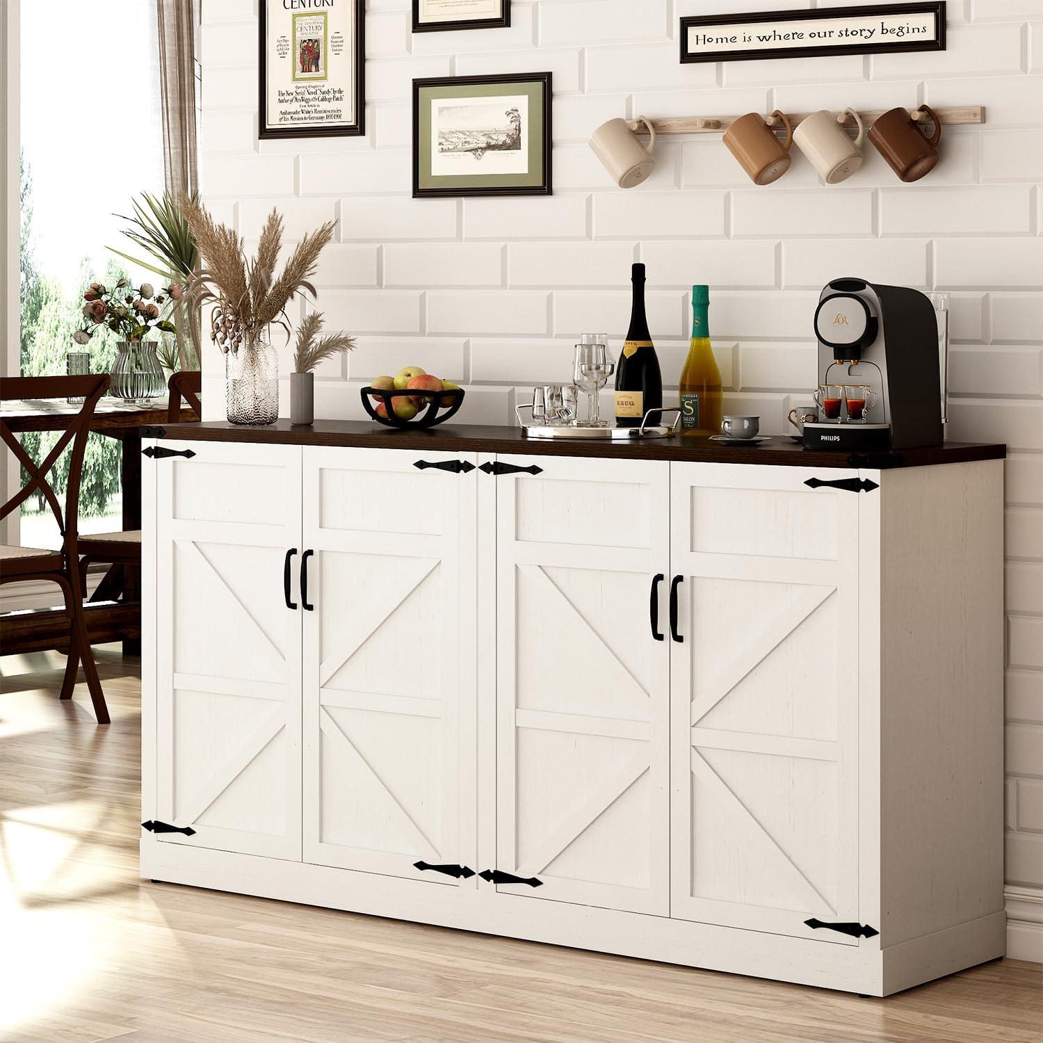 White 65'' Farmhouse Wooden Sideboard Buffet Cabinet with Adjustable Shelves