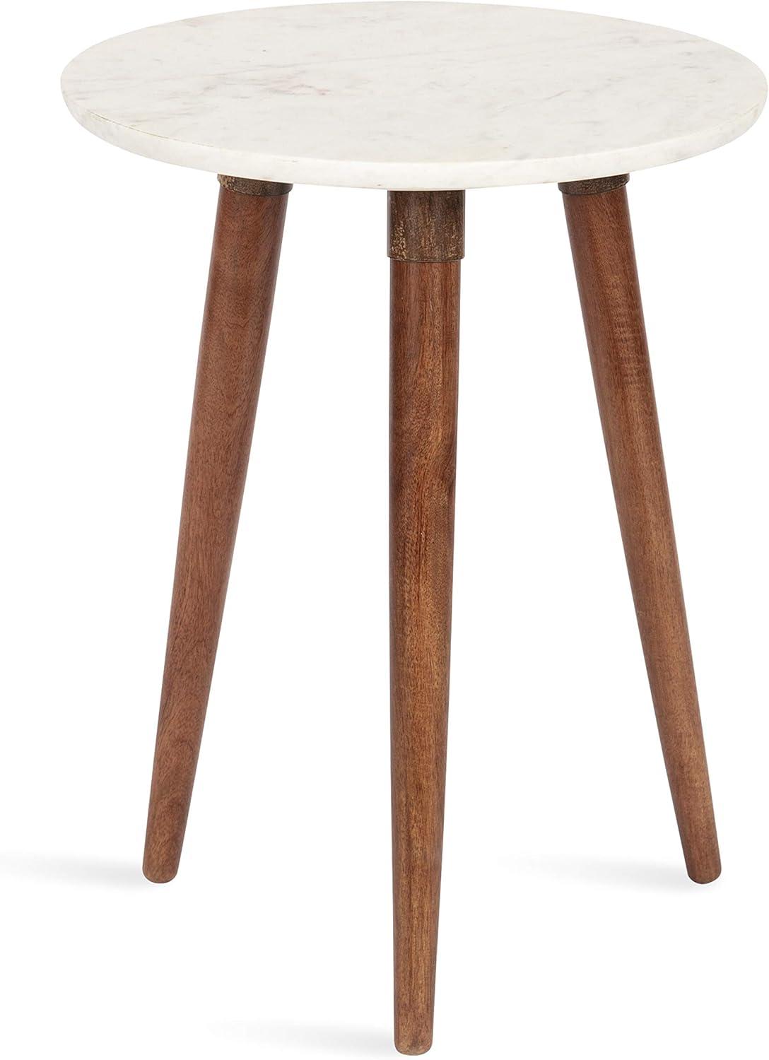 Walnut Brown and White Marble Round Side Table