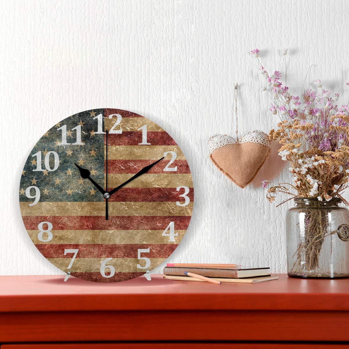 American Flag Wall Clock Round Vintage Silent Non Ticking Battery Operated Accurate Arabic Numerals Design Decorative for Home Kitchen Living Room Bedroom 10 Inch