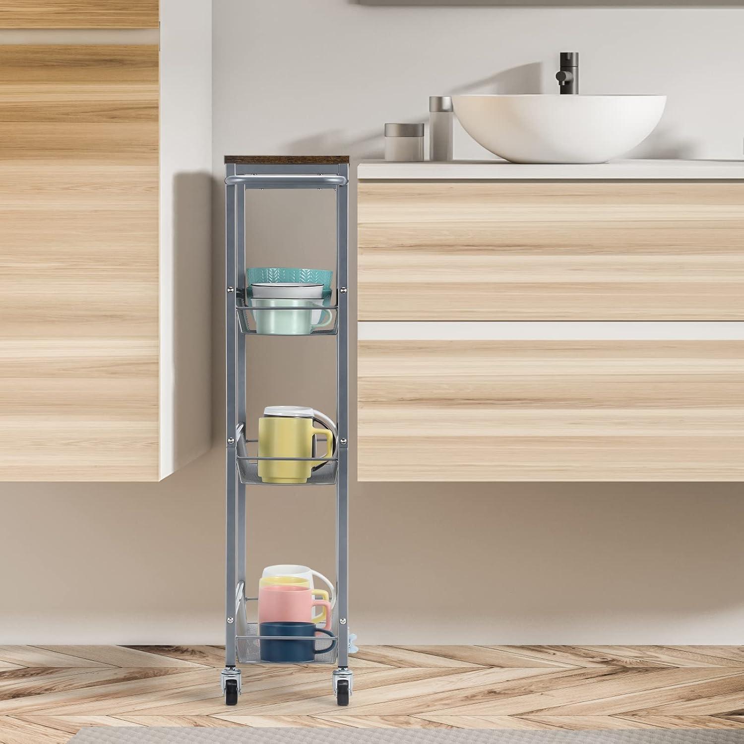 NANANARDOSO 4 Tier Slim Storage Cart, Shelving Unit for Small Space, Rolling Cart with Wooden Top and Metal Handle for Narrow Space on Kitchen, Bathroom, Laundry Room, Black.