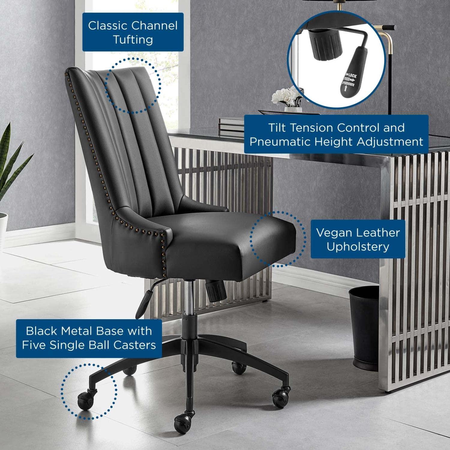 Modway Empower Channel Tufted Vegan Leather Office Chair Black: Metal Frame, Adjustable Height, Modern Style