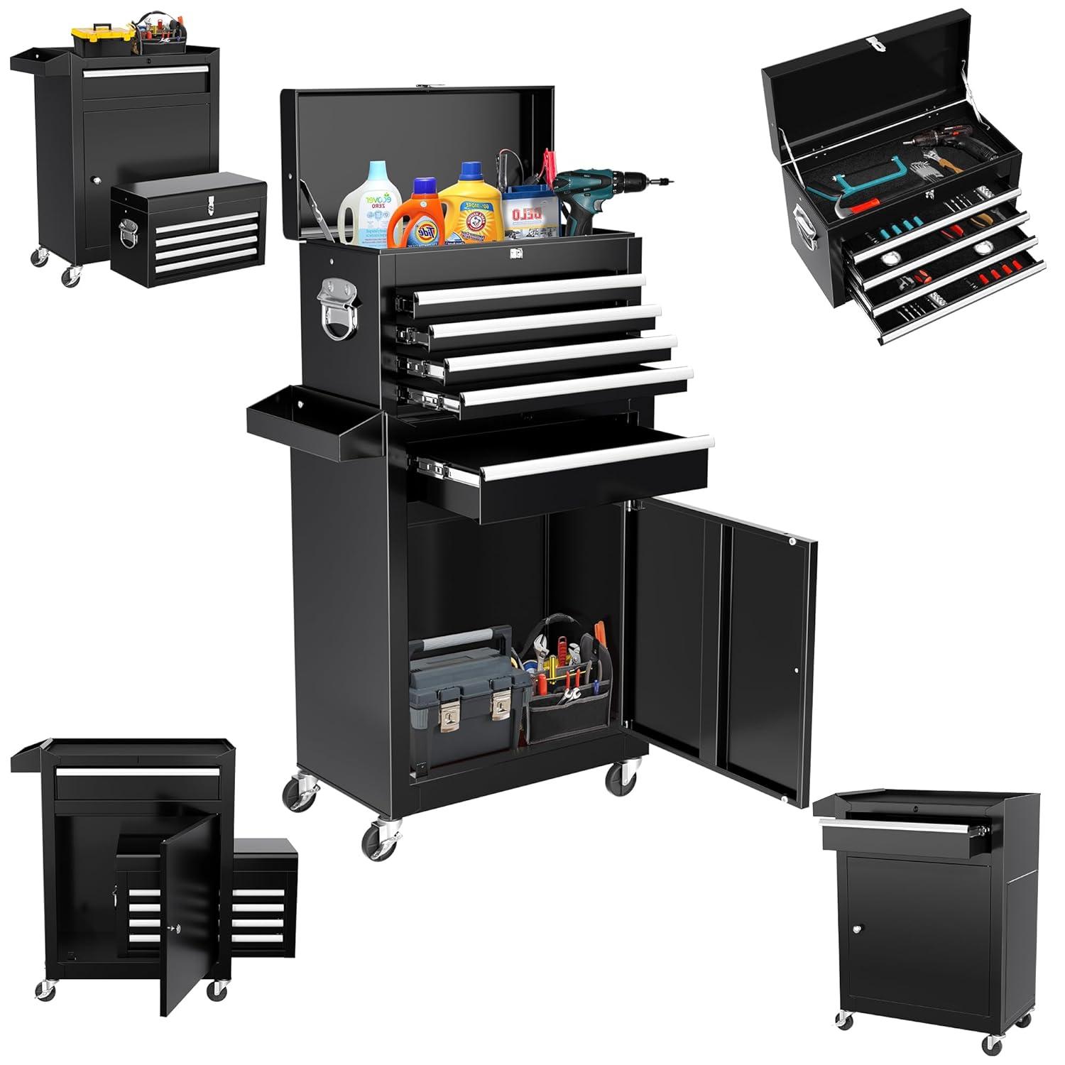 Sesslife 5-Drawer Rolling Tool Chest on Wheels, High Capacity Tool Cabinet with Drawers, Detachable Mobile Tool Box for Workshop, Garage, Mechanics and Repair Room(Black)