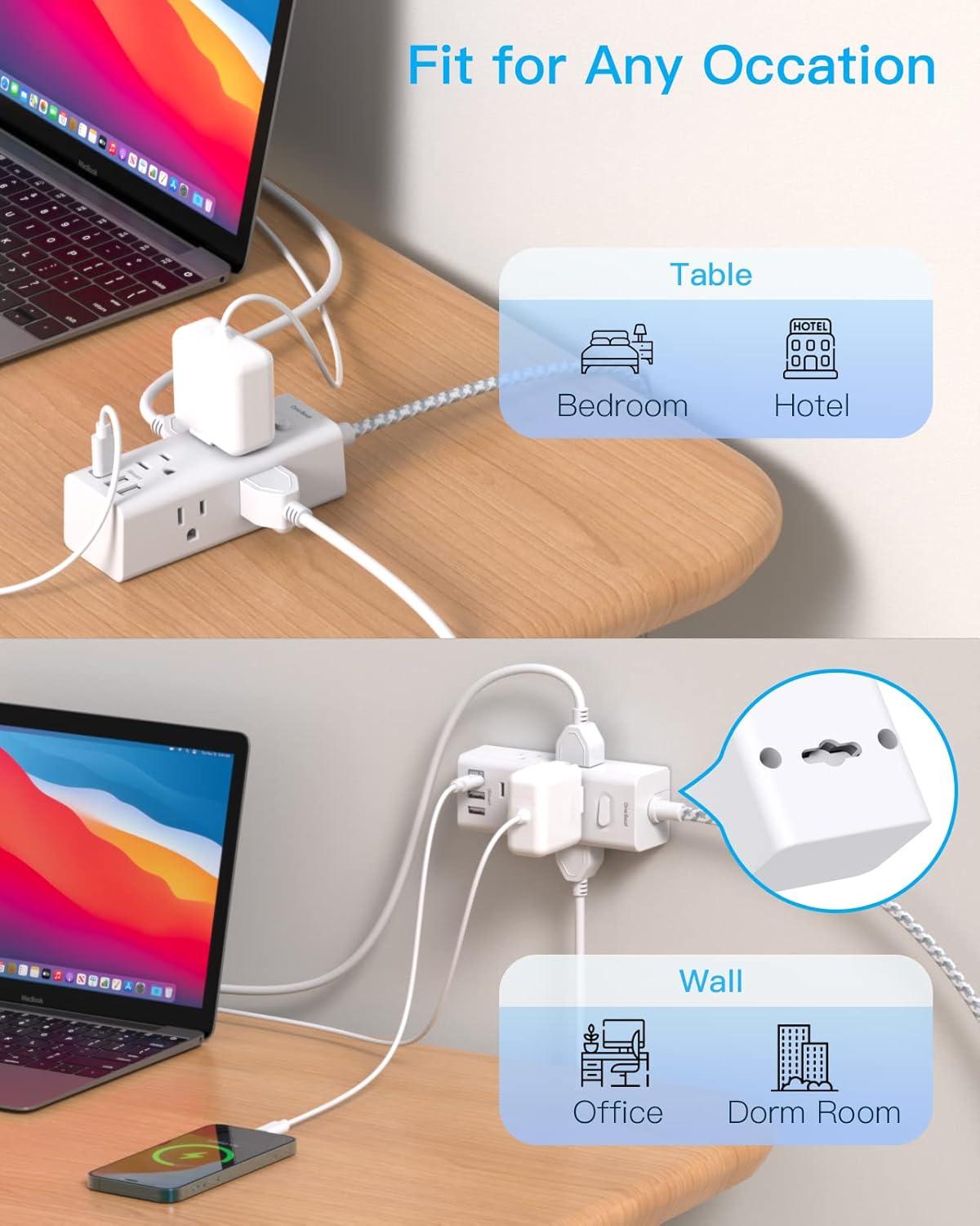 10 FT Extension Cord, Surge Protector Power Strip with 6 Widely AC Outlets 3 USB Ports(1 USB C),3-Side Outlet Extender, Flat Plug, Wall Mount for Home, Office,Travel and Dorm Essential