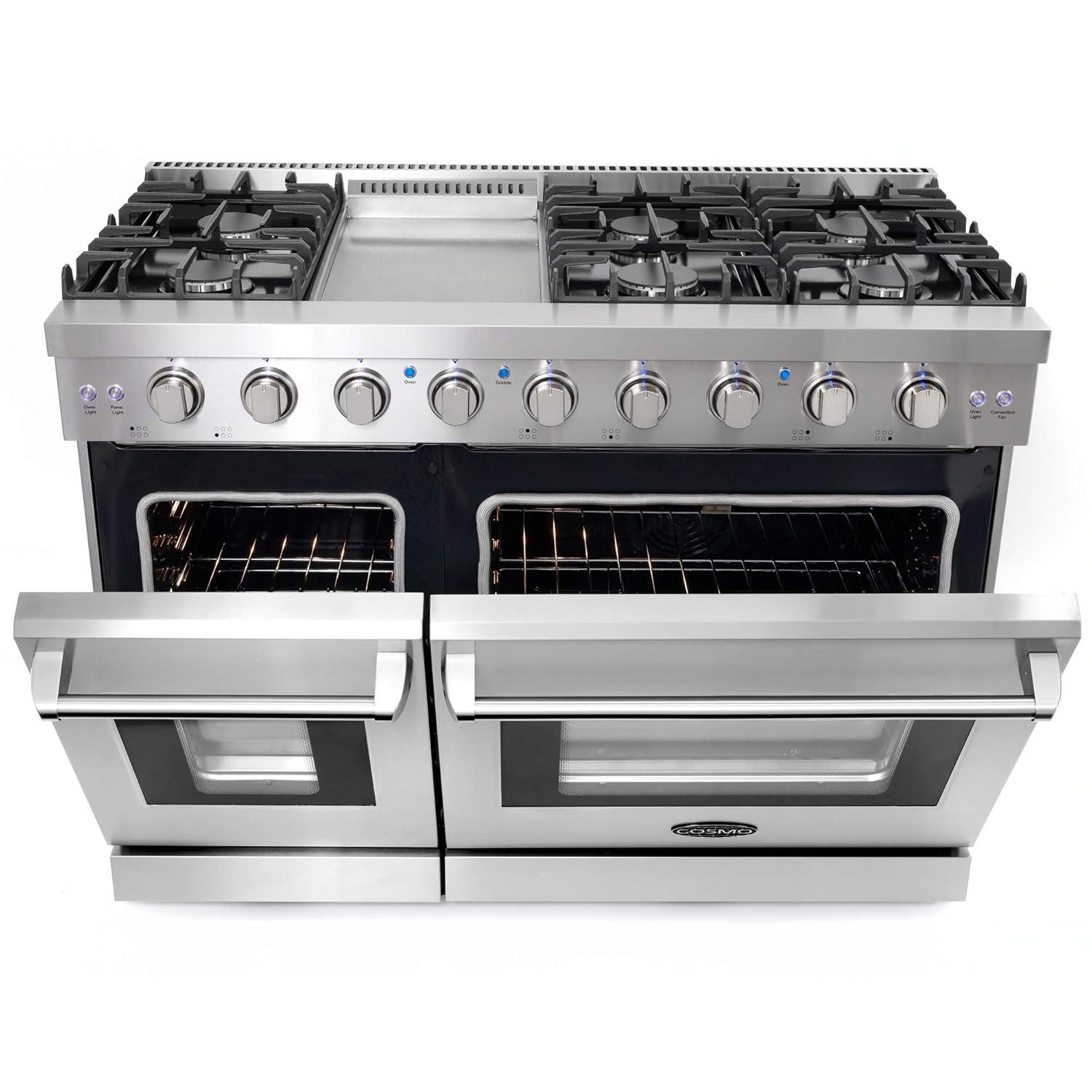 Cosmo 48 in. Haven Collection 7 cu. ft. Double Oven Gas Range, 6 Burners, Griddle, Convection, Knob LEDs, Stainless Steel