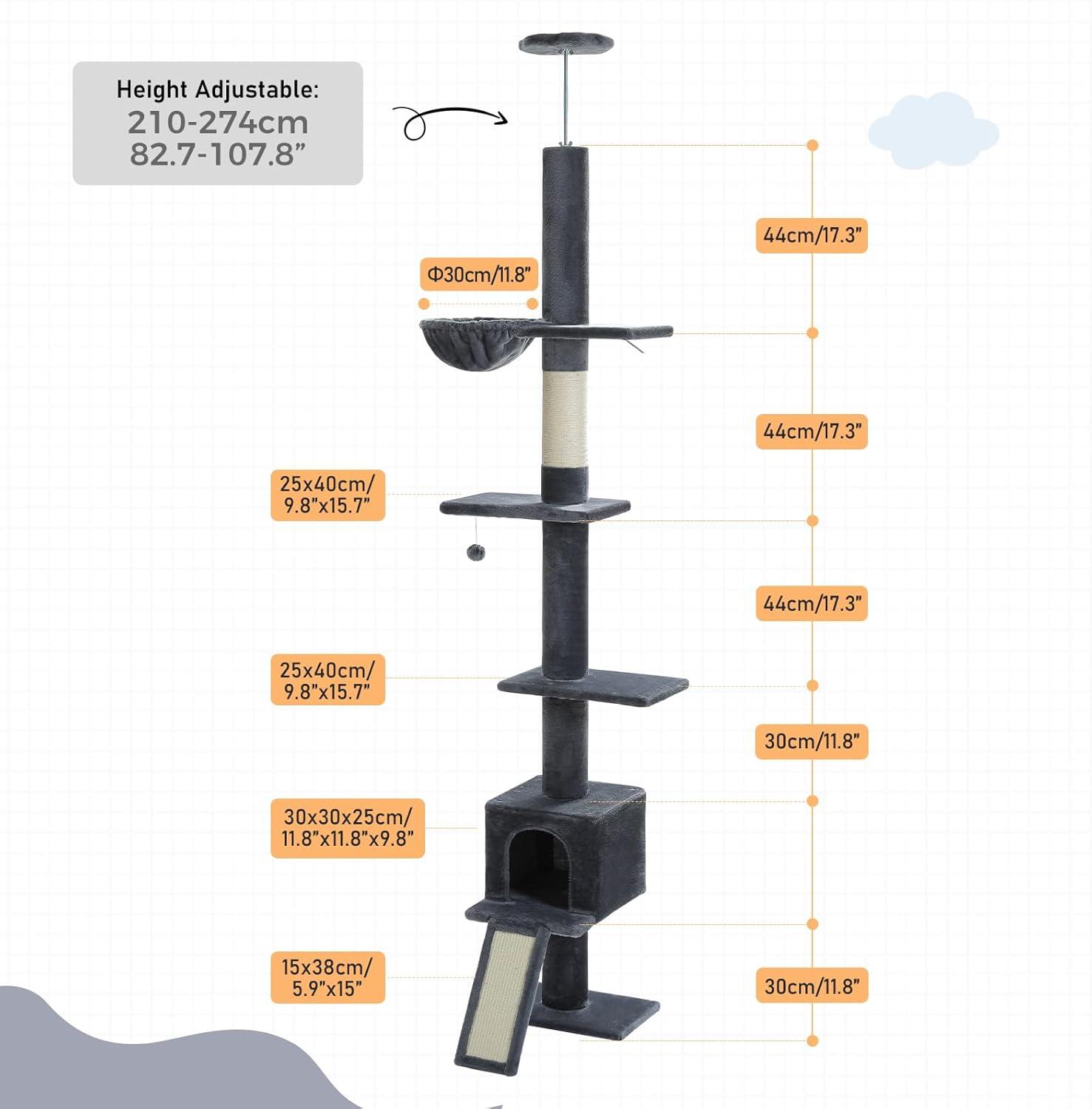 Adjustable Height Floor To Ceiling 5-Tier Tall Cat Tree Tower For Indoor Cats With Cat Condo, Cat Scratching Post And Cat Ladder