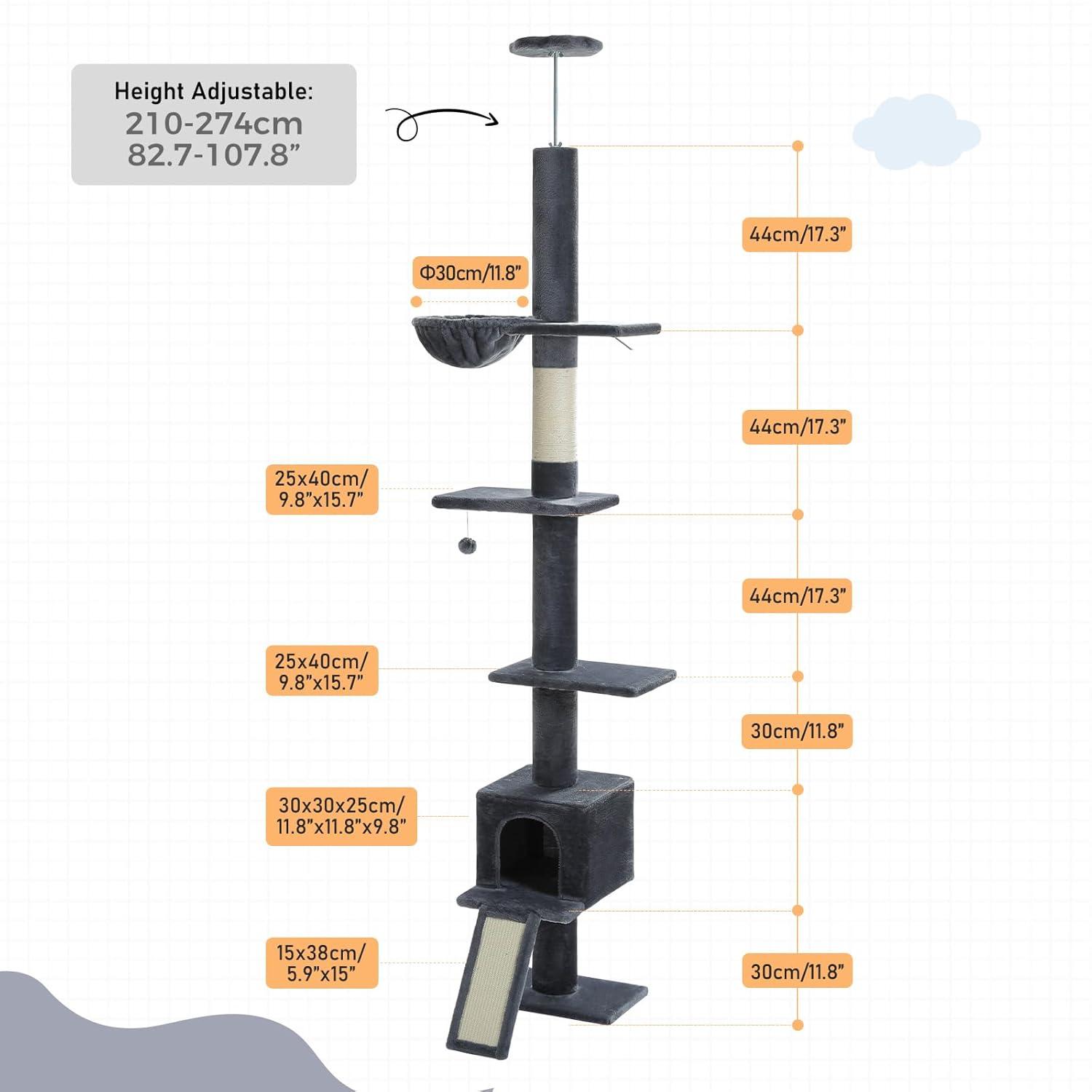 Adjustable Height Floor To Ceiling 5-Tier Tall Cat Tree Tower For Indoor Cats With Cat Condo, Cat Scratching Post And Cat Ladder