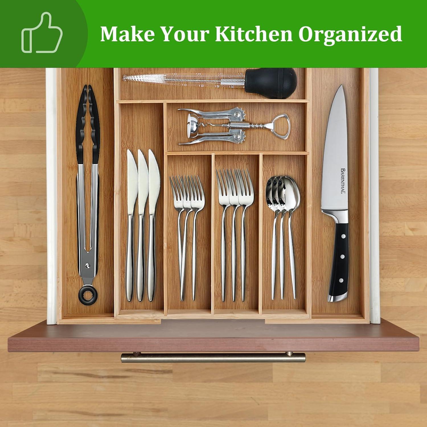 Kitchentrend Bamboo Expandable Drawer Organizer 6-8 Slot Kitchen Organizer Utensil Tray for Drawers 19.3x17.52x2.2 Inches