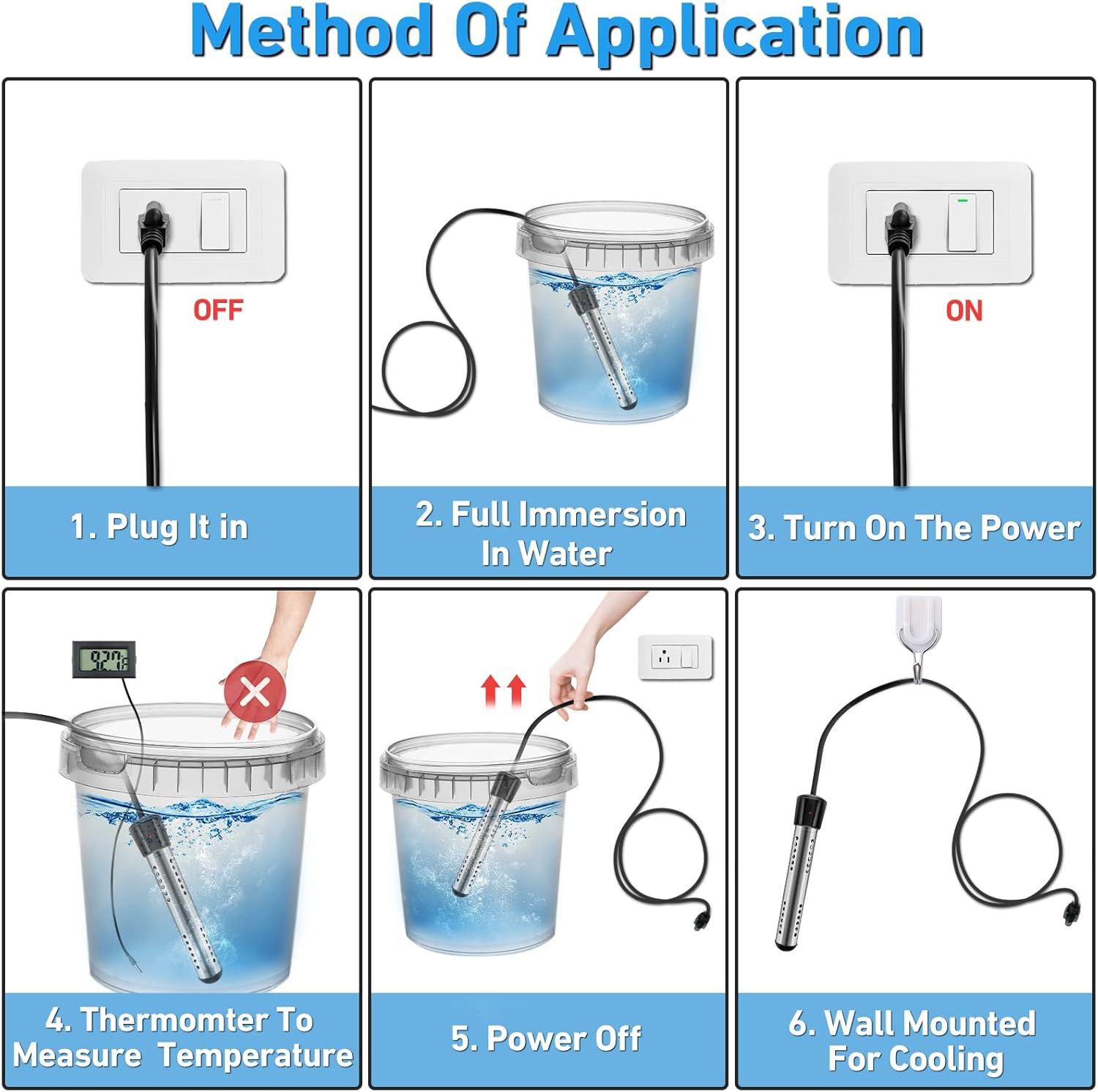 2000W Stainless Steel Portable Immersion Water Heater with Thermometer