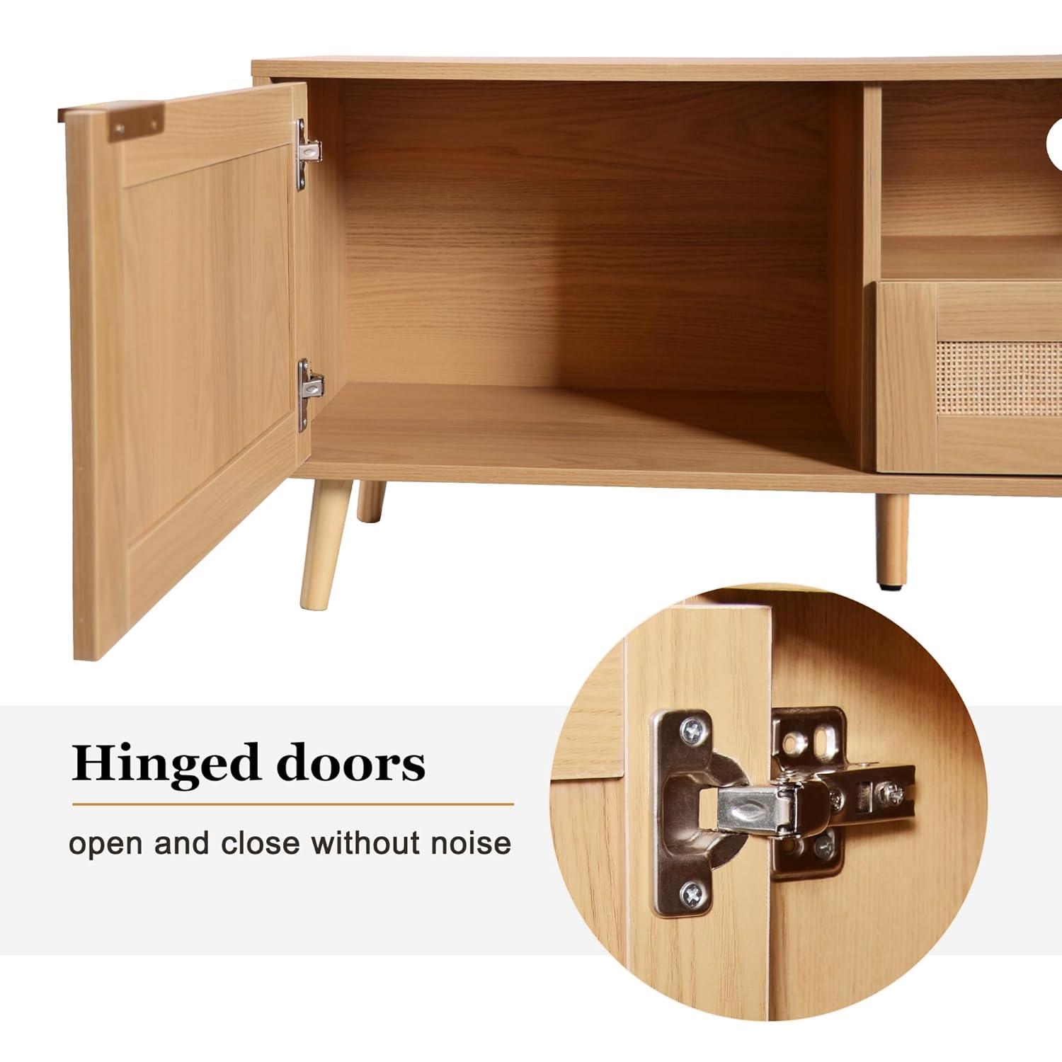 Rattan TV Stand for 85''+ TV, Mid Century Modern Entertainment Center with Rattan Decor Doors, Wood TV Console with 2 Doors & 2 Open Shelves & Drawers for Living Room, Bedroom, Natural