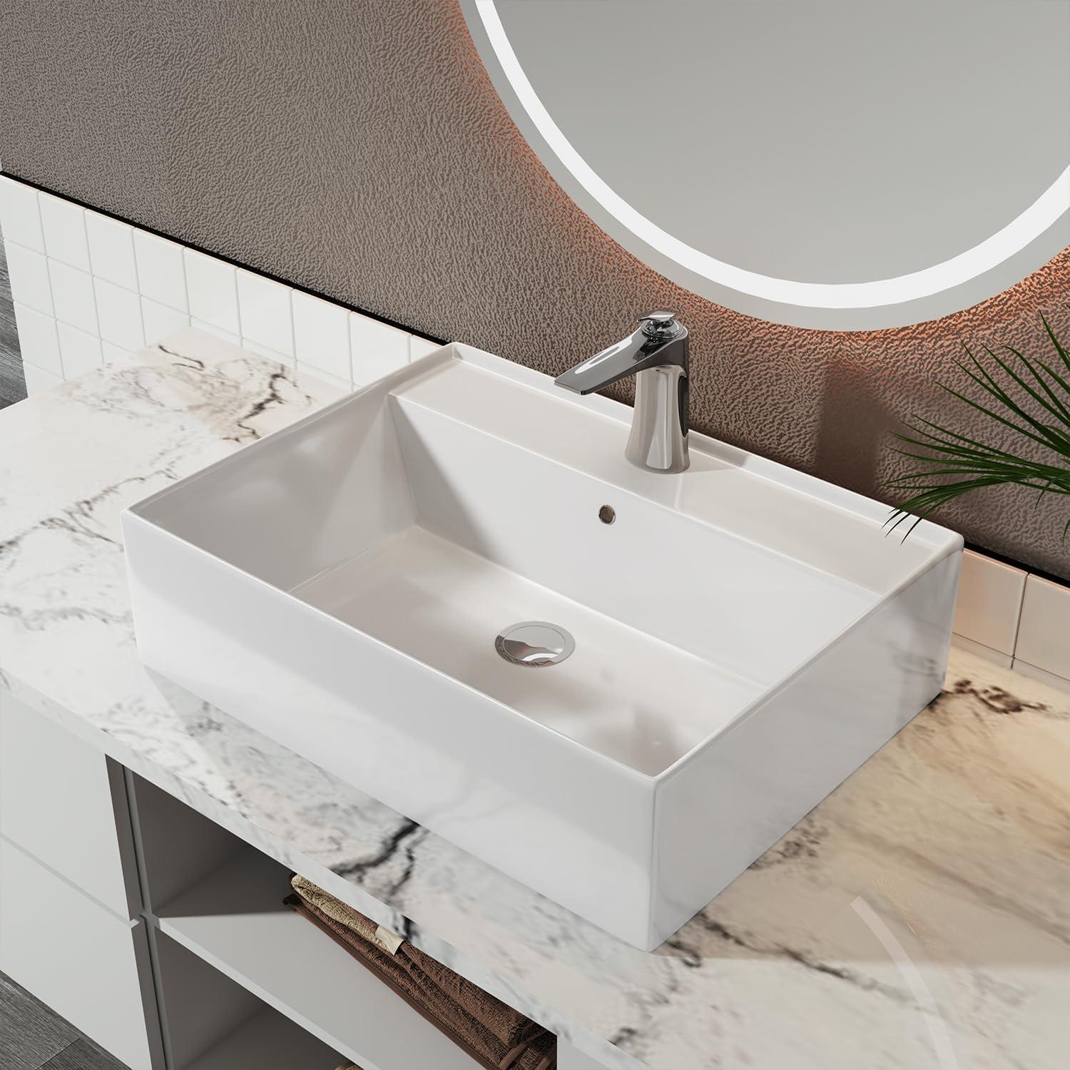 Sinber 24" x 17" x 6.3" White Rectangular Ceramic Countertop Bathroom Vanity Vessel Sink