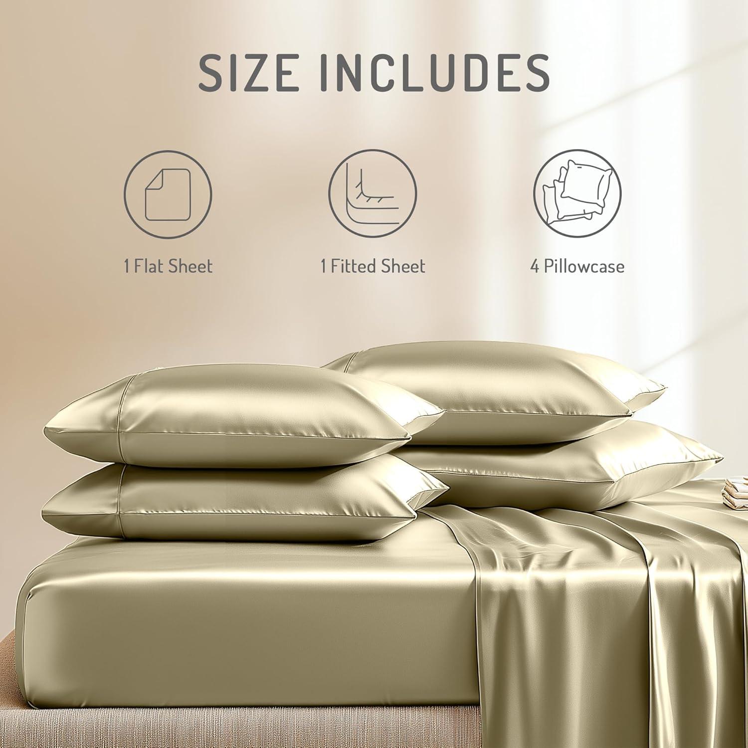Degrees of Comfort Champagne Satin Sheet Set for Queen Size Bed – 6 Piece Silky and Soft Sheets with 14 Inches Deep Pocket