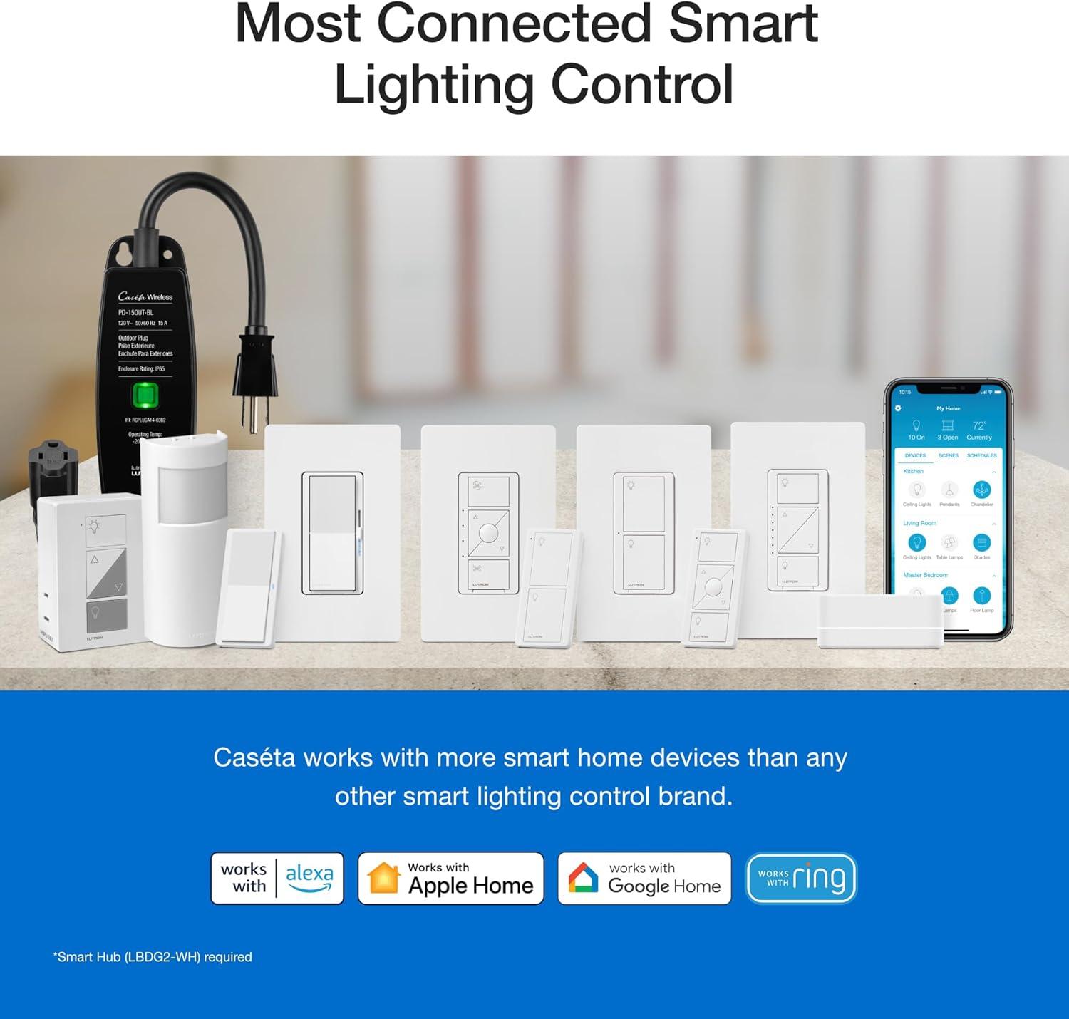 Lutron Caséta Wireless Smart Lighting Dimmer Switch Starter Kit with Caséta Smart Hub and Pico Bracket P-BDG-PKG1W-A
