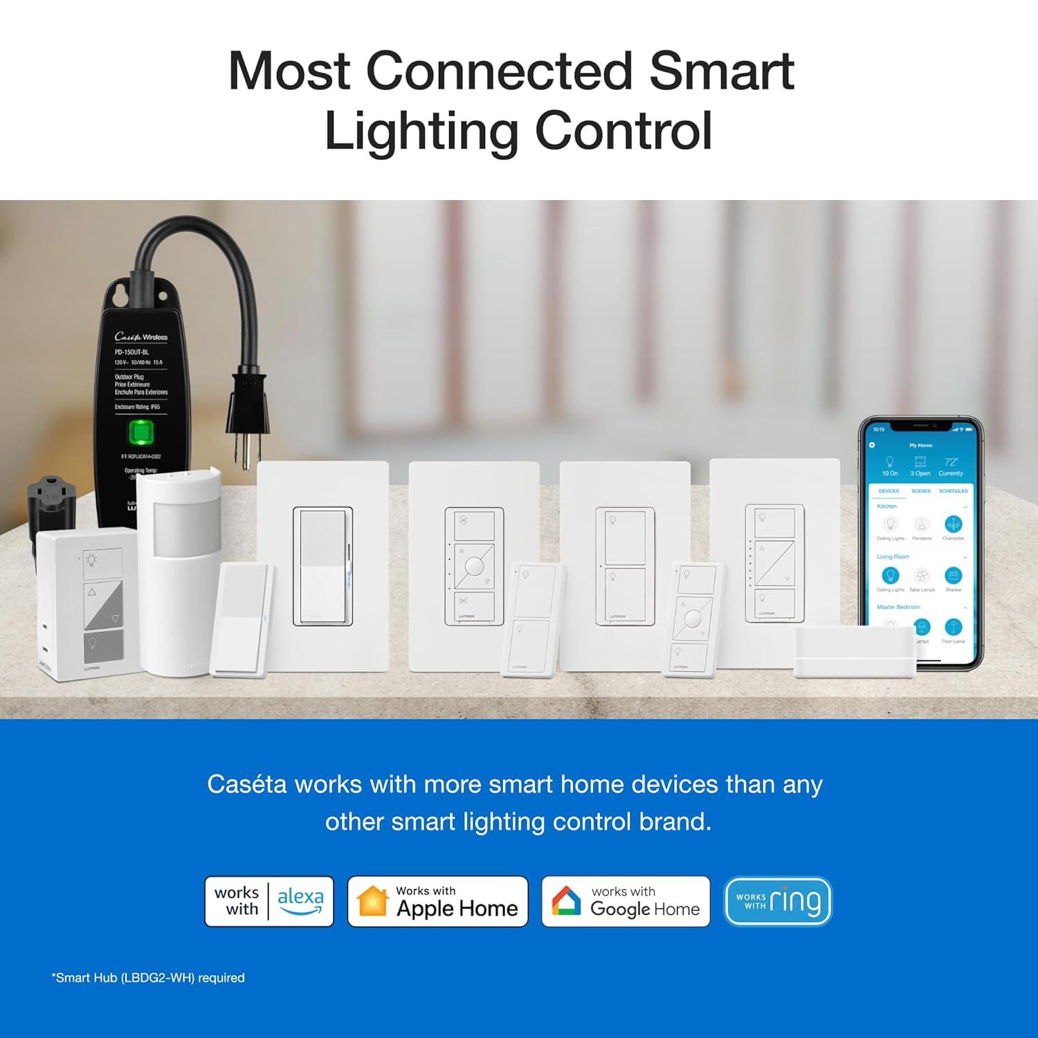 Lutron Caséta Wireless Smart Lighting Dimmer Switch Starter Kit with Caséta Smart Hub and Pico Bracket P-BDG-PKG1W-A