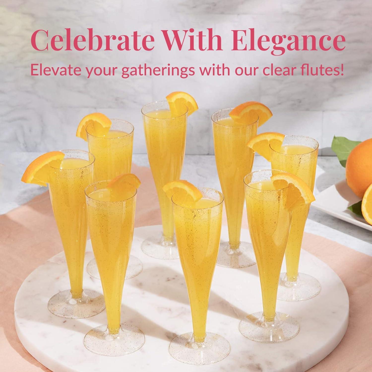 Prestee 24 Champagne Flutes Disposable, Gold Rim Glitter Plastic Cups