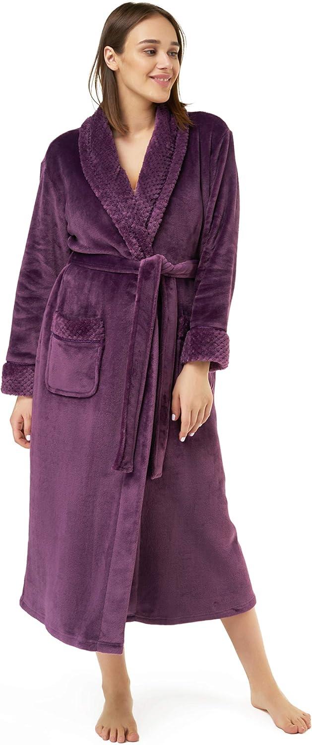 Turquaz Linen Womens Plush Soft Robes, Fleece, Long Comfy Robe (Small, Purple)