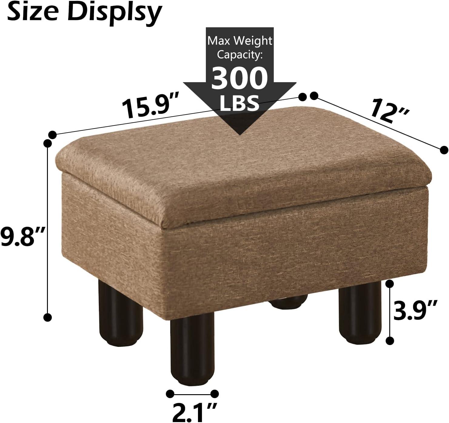 Brown Linen Small Foot Stool with Storage and Solid Wood Legs