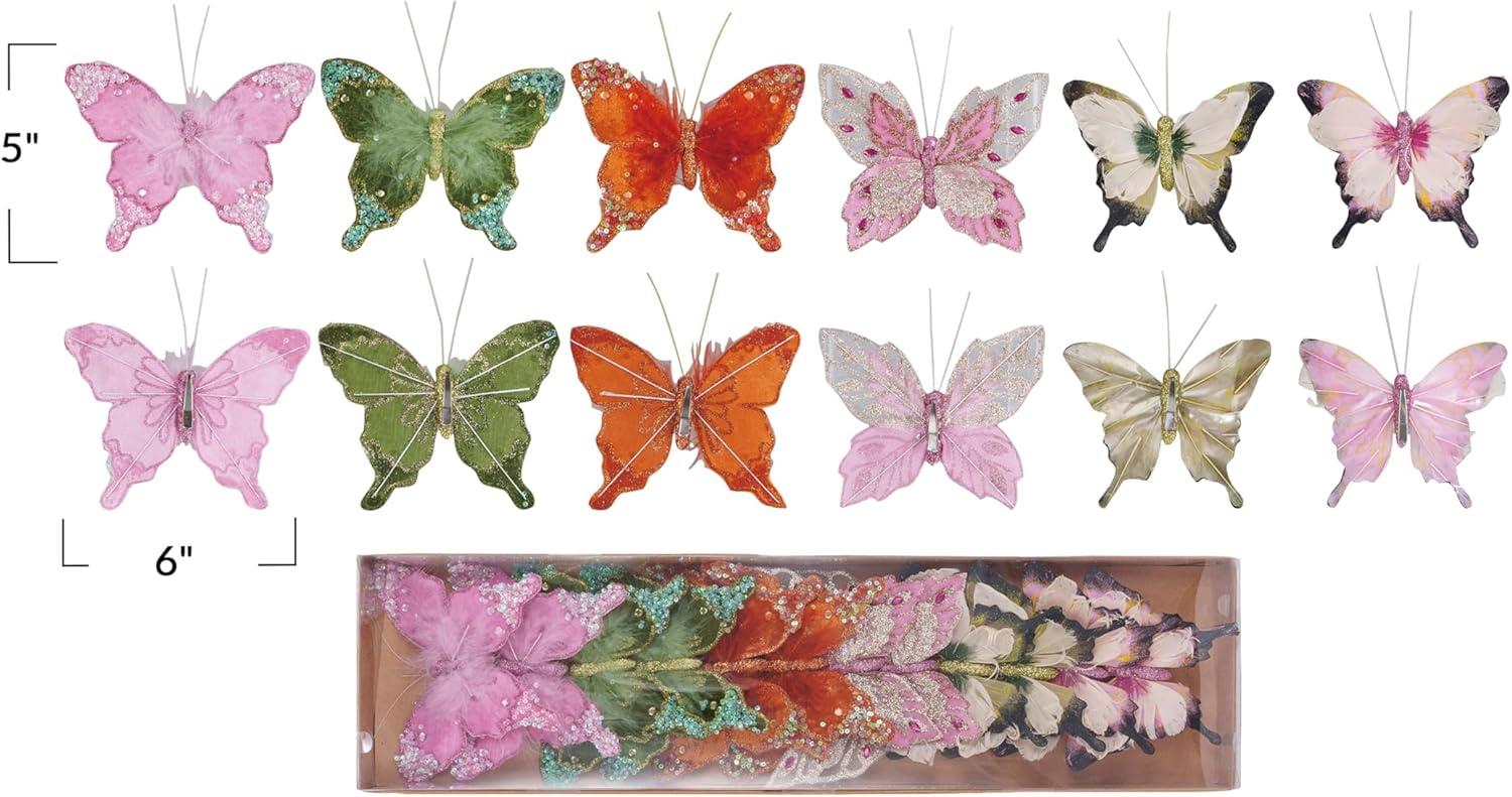 Multicolor Feather Butterfly Clip-On Ornaments with Glitter, Set of 12