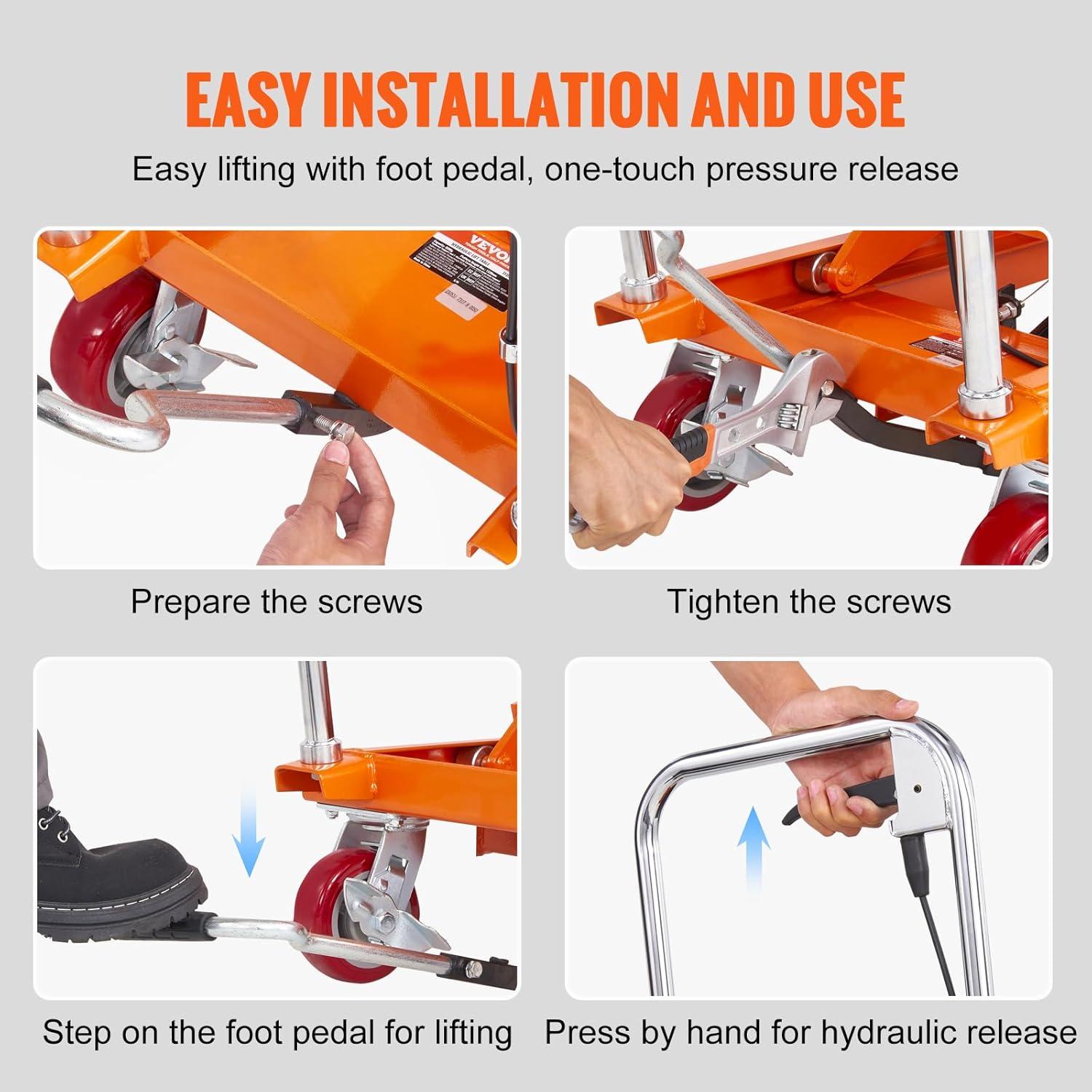 VEVOR Orange Hydraulic Lift Table Cart with Non-Slip Pad