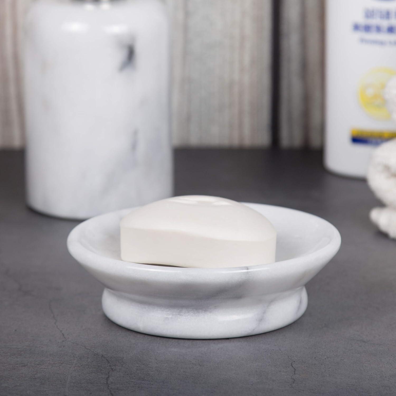 Creative Home Genuine Natural Marble Round Bar Soap Dish Soap Tray Holder Countertop Organizer, 5" Diam. x 1.5" H, Off-White