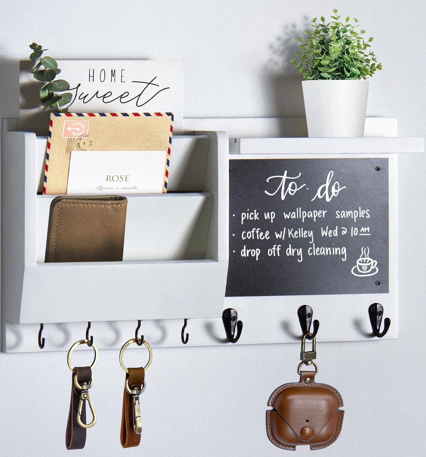 White Wall-Mounted Key Holder with Chalkboard and Shelf