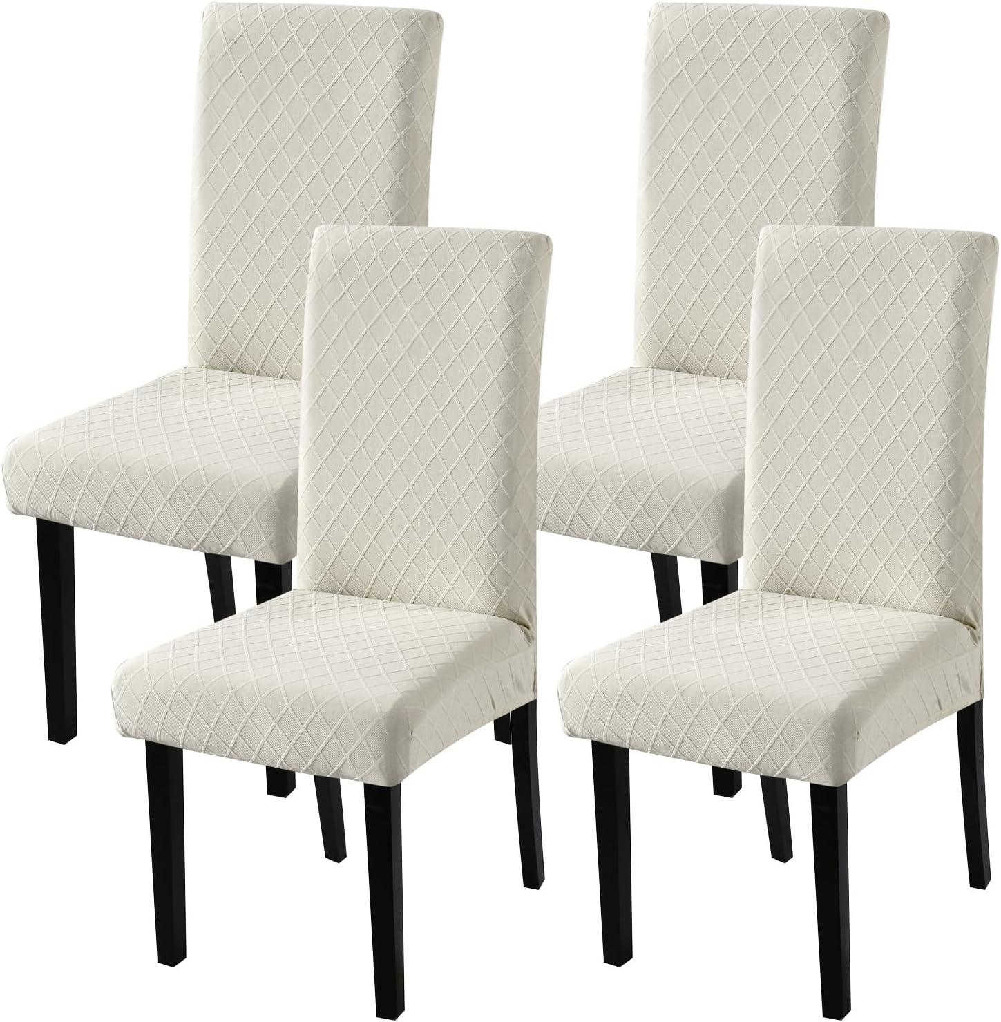 Beige Stretch Jacquard Dining Chair Covers, Set of 4