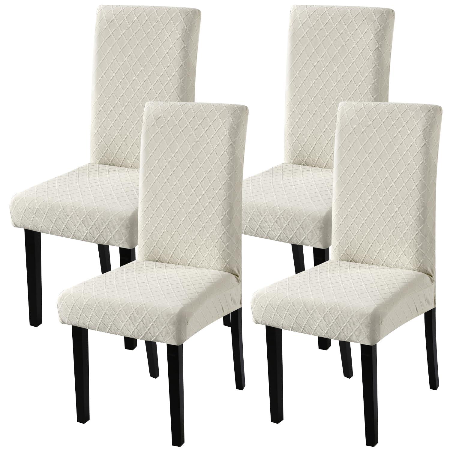 Beige Stretch Jacquard Dining Chair Covers, Set of 4