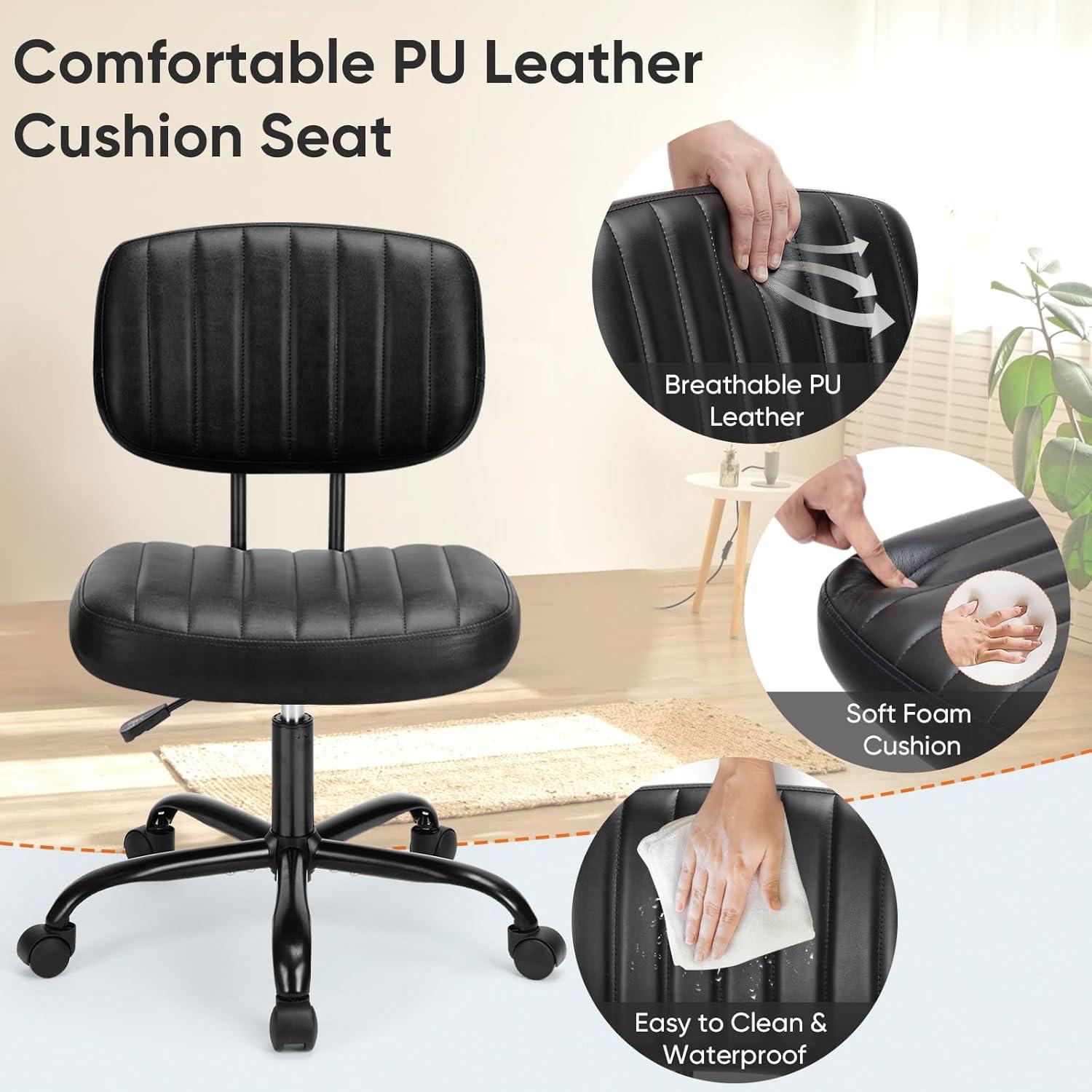 Black PU Leather Armless Swivel Task Chair with Adjustable Height