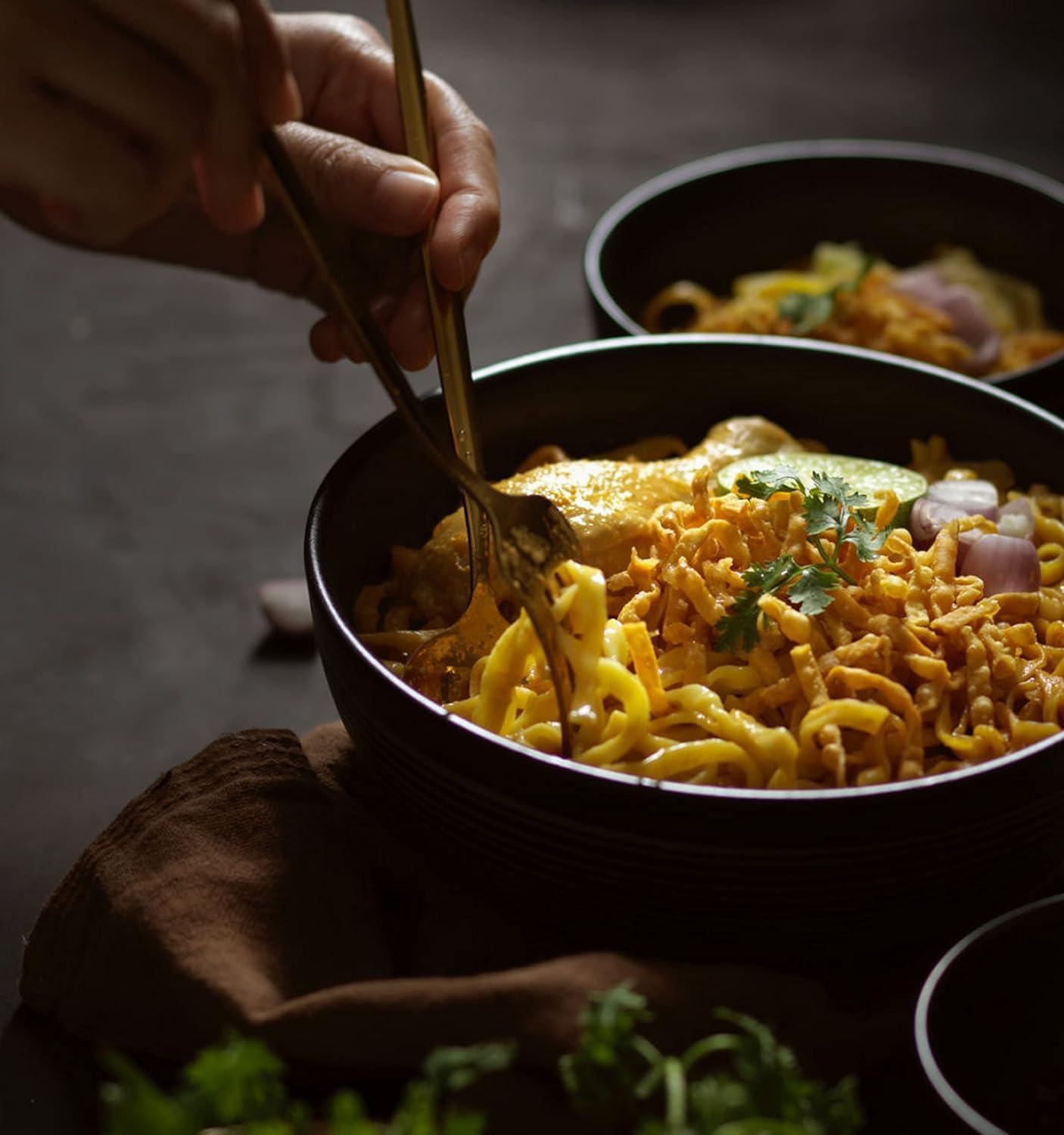 Bruntmor Matte Black Bowls Set Of 6 - 24 Oz Ceramic Serving Plates & Porcelain Skillet
